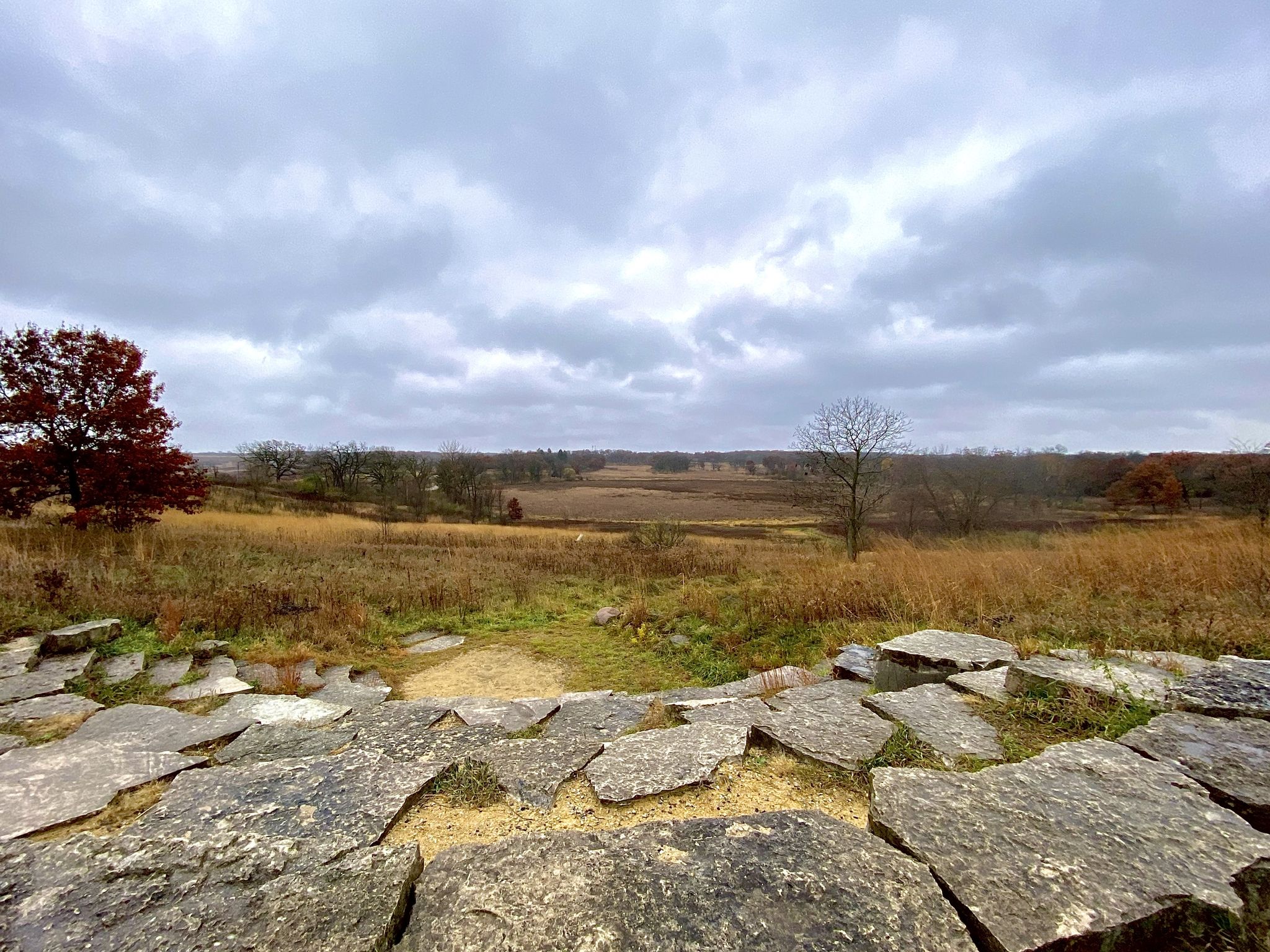 Rocky foreground overlooks a vast, dry field under a cloudy, grey sky. - Deerpath Trail Loop