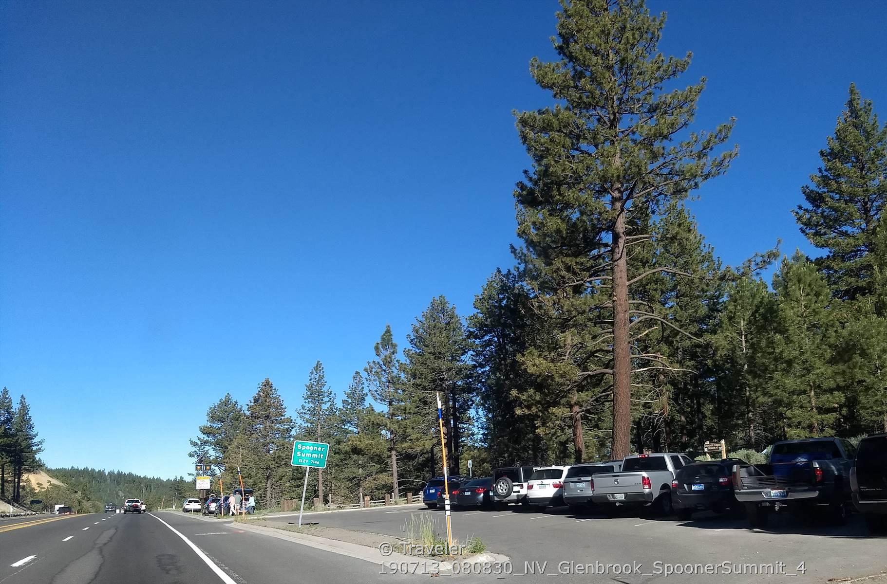 Highway next to a parking area with cars and tall pine trees.