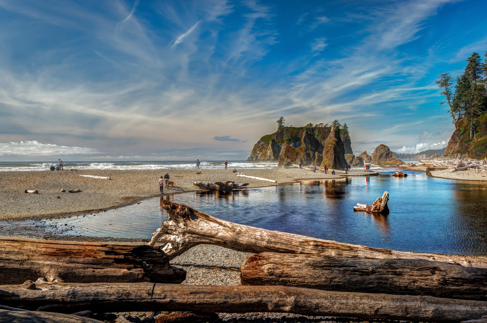 Sunny beach with sea stacks, tidal pool, driftwood, and people exploring.
