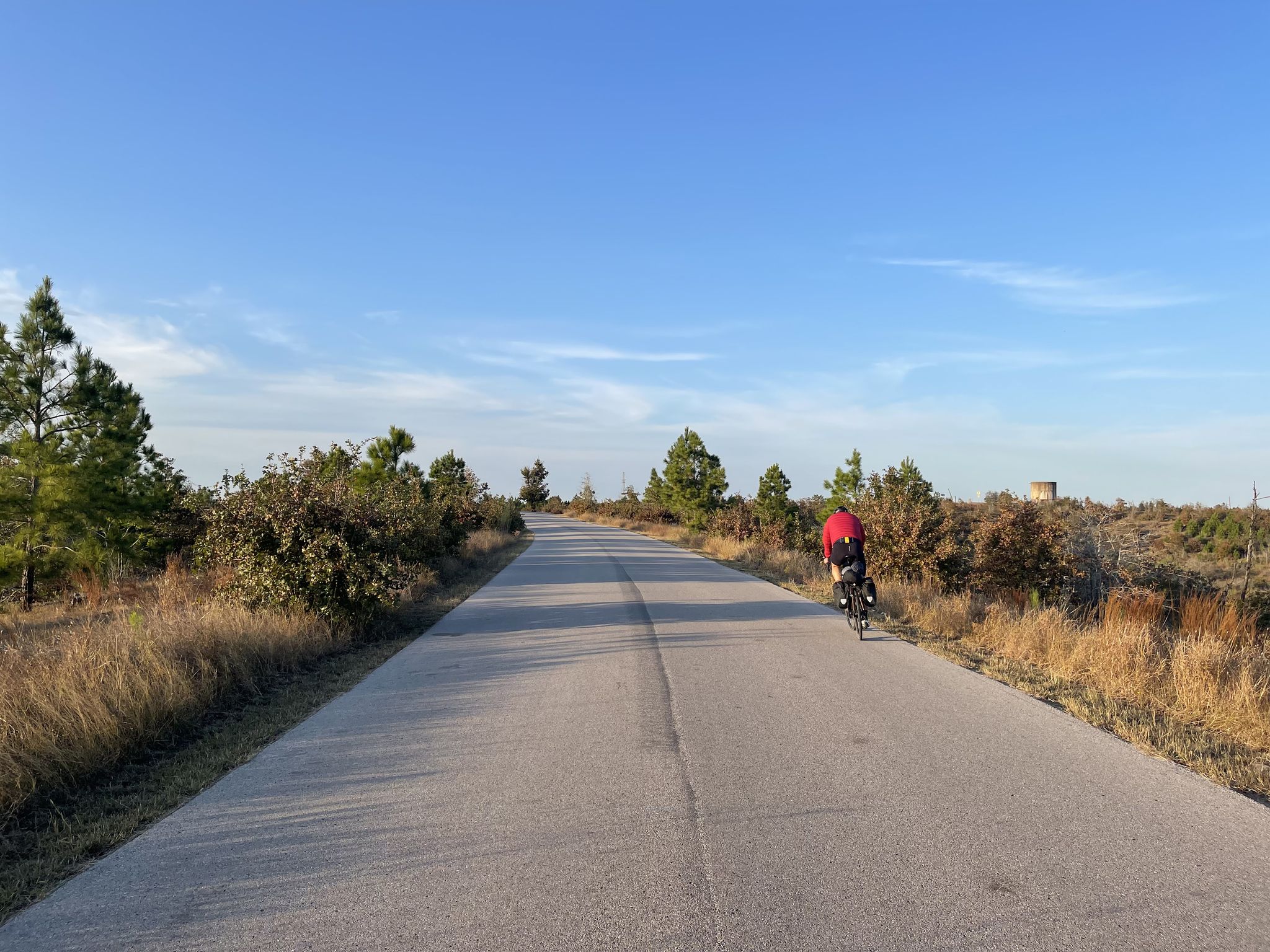 A cyclist rides on a straight road through a dry, open landscape. - Bastrop and Buescher State Parks Loop