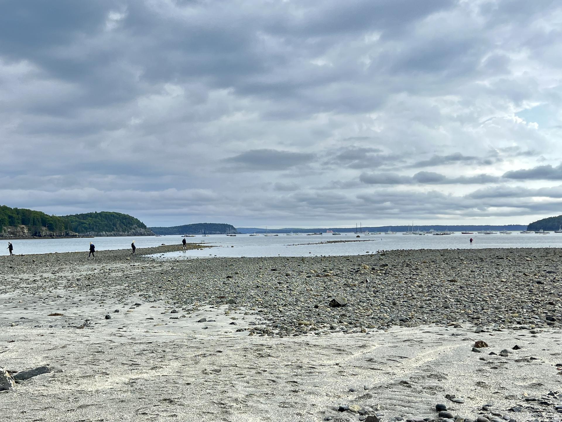 People walk on a wide rocky beach extending into water under cloudy sky.
