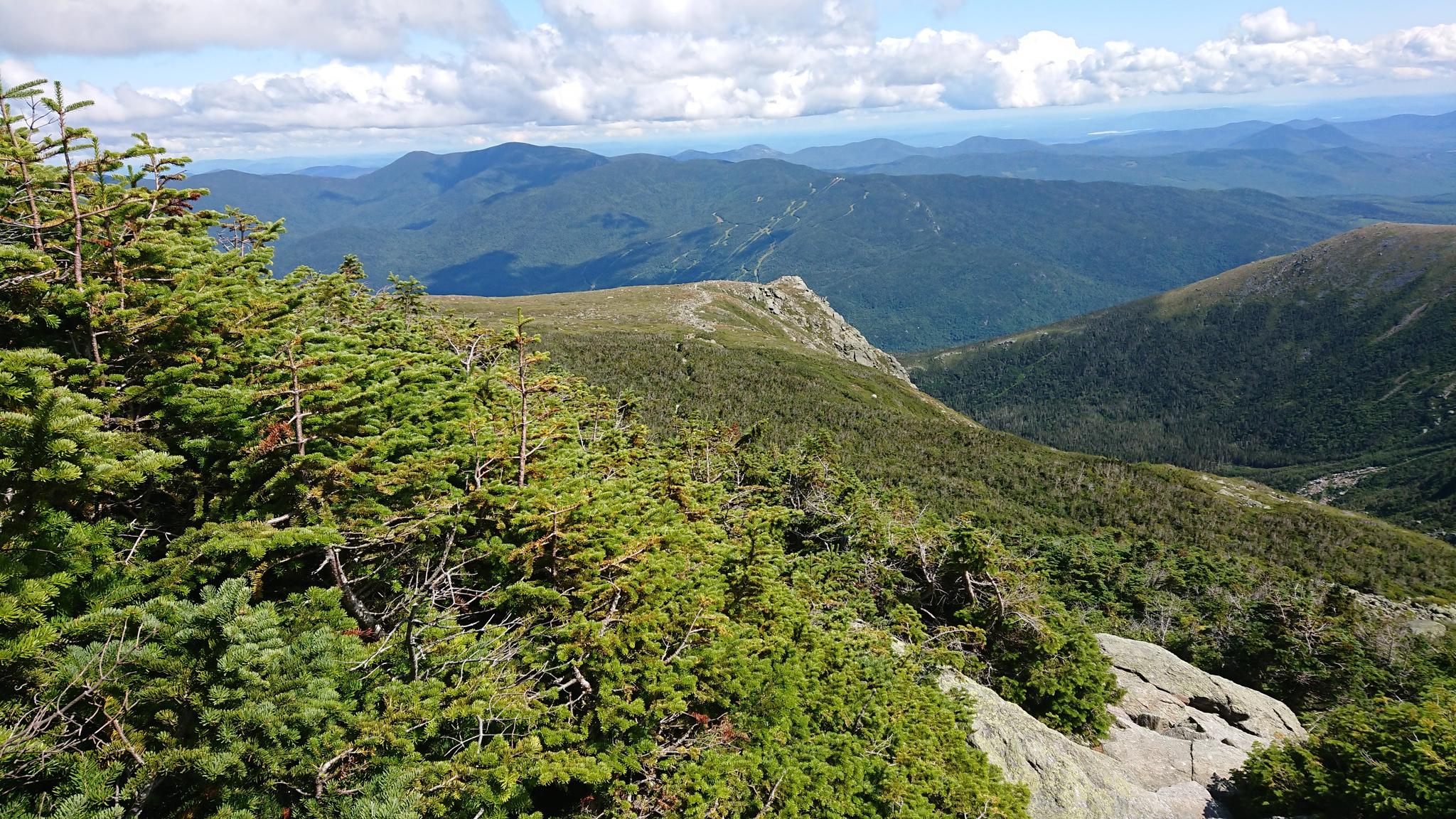 Vast mountain vista with lush green forests and distant peaks under a cloudy sky.