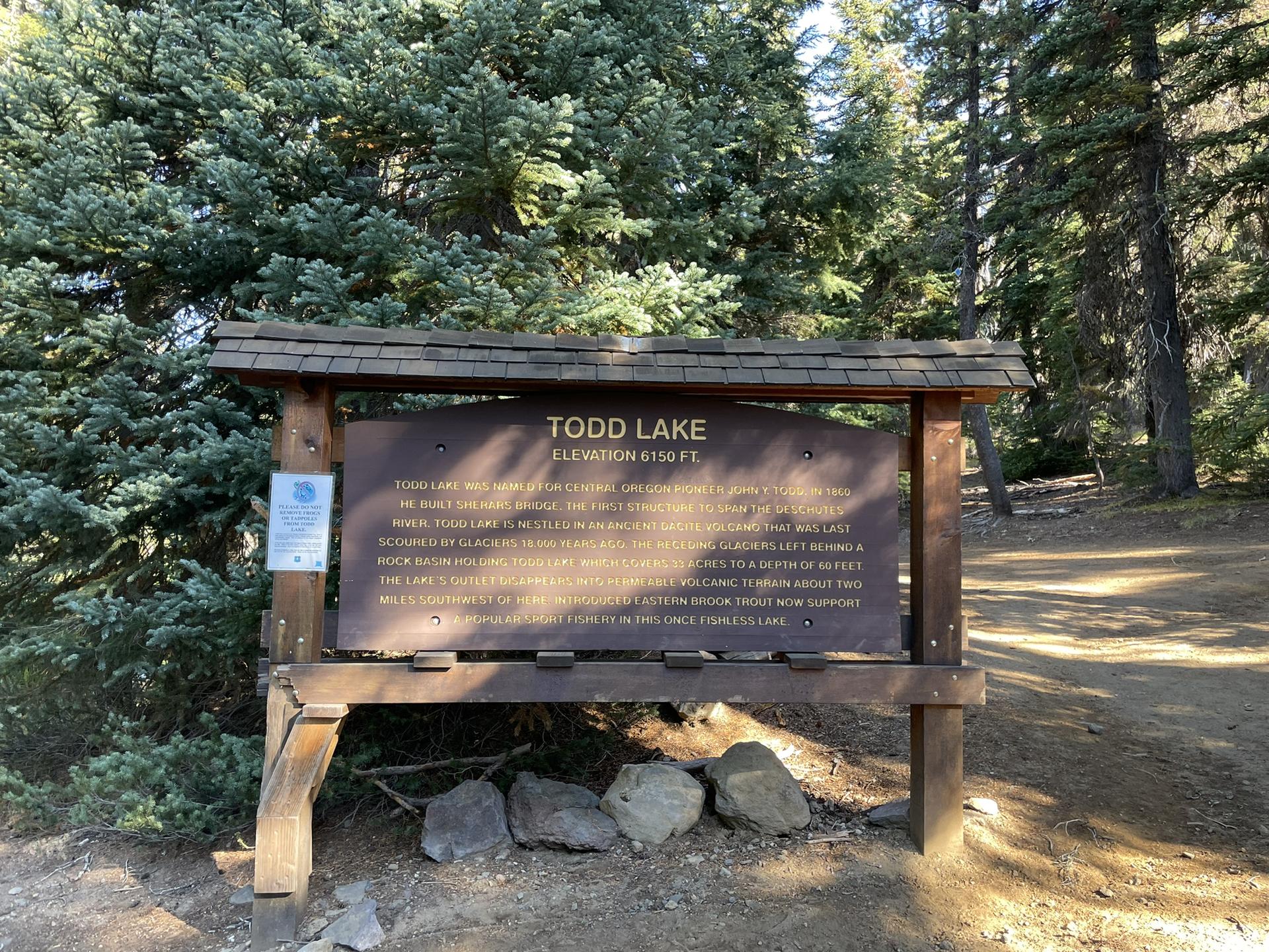 Wooden informational sign in a forest with green trees.