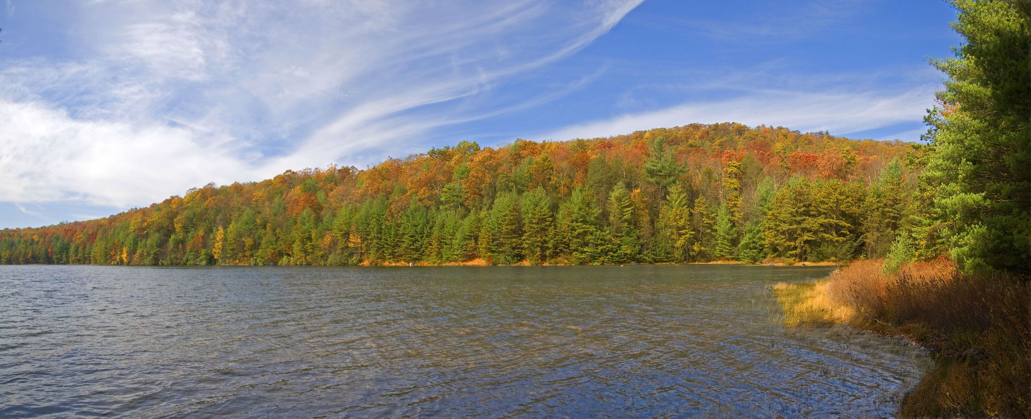 Calm lake reflecting a vibrant autumn forest under a bright blue sky. - Long Pine Run Reservoir loop