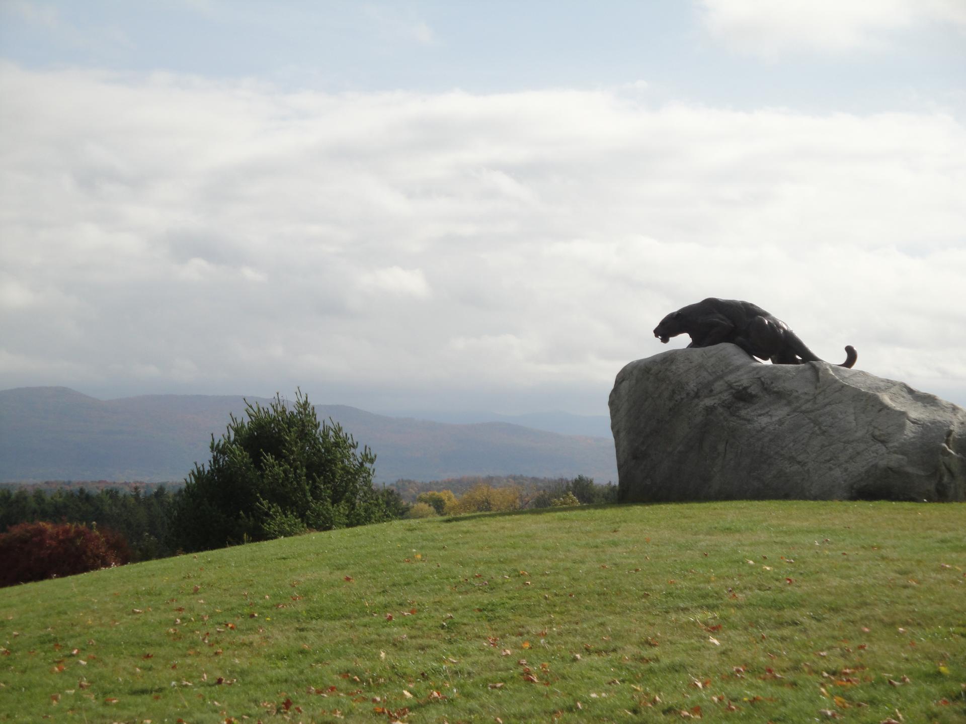 Black panther statue on a large rock overlooking a grassy hill and mountains.