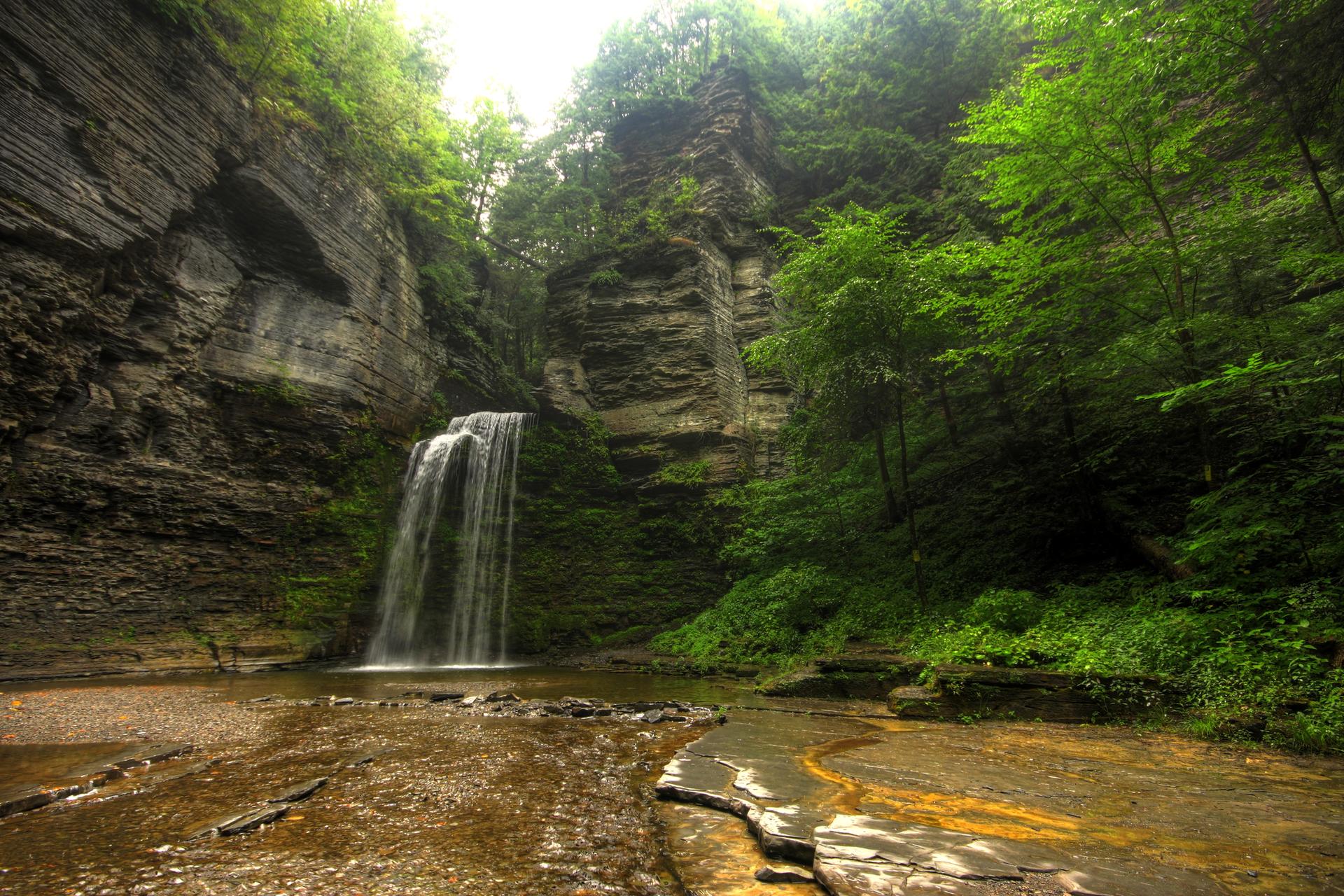 Tall, narrow waterfall plunges into a pool within a deep, green, rocky gorge.