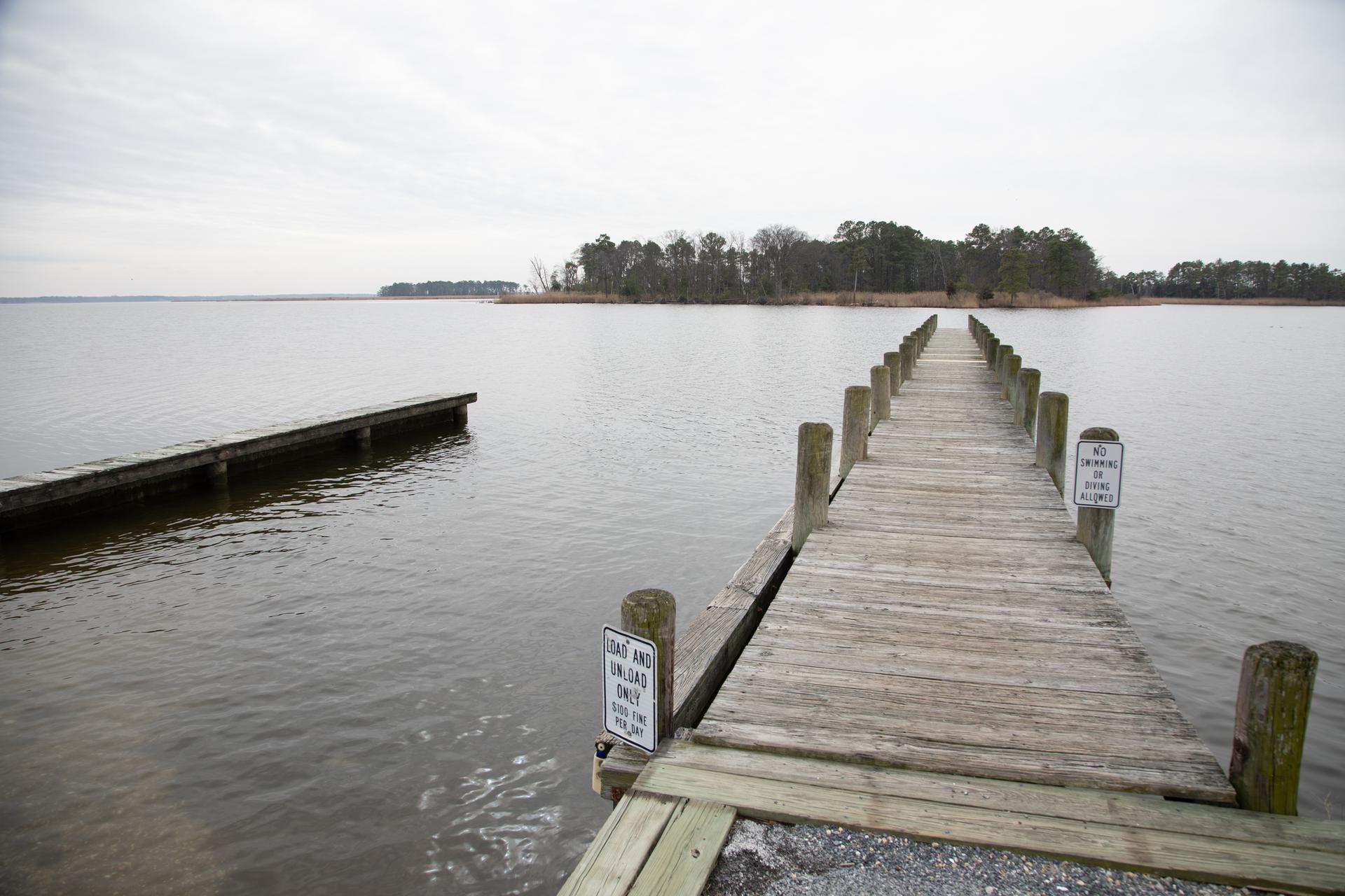 A long wooden pier extends into calm water under an overcast sky.