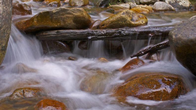 Smooth water cascades over mossy rocks and a dark log in a flowing stream.