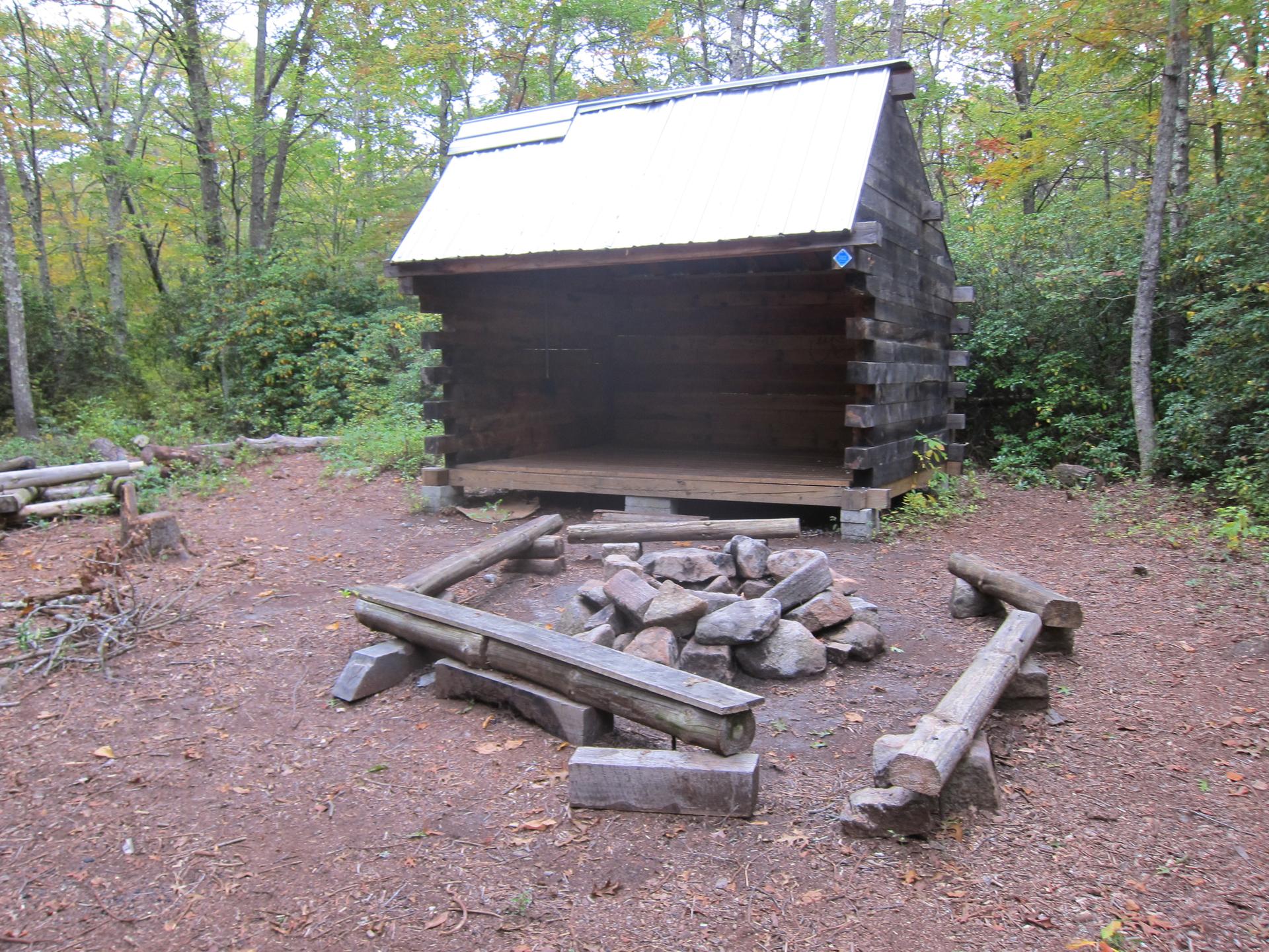 A rustic wooden lean-to shelter and stone fire pit in a forest clearing.