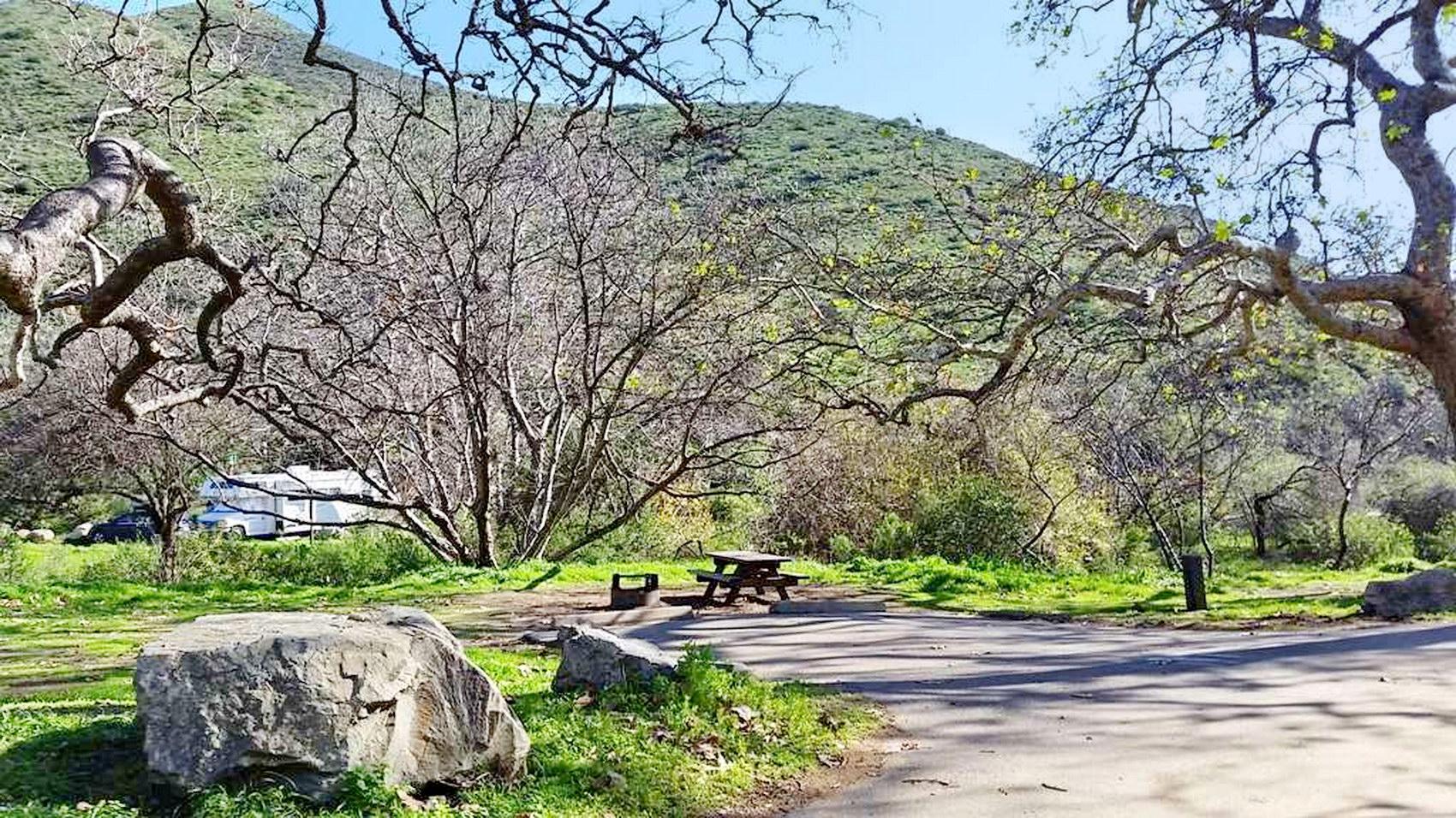 Shady picnic area with tables, large trees, and a camper in background.