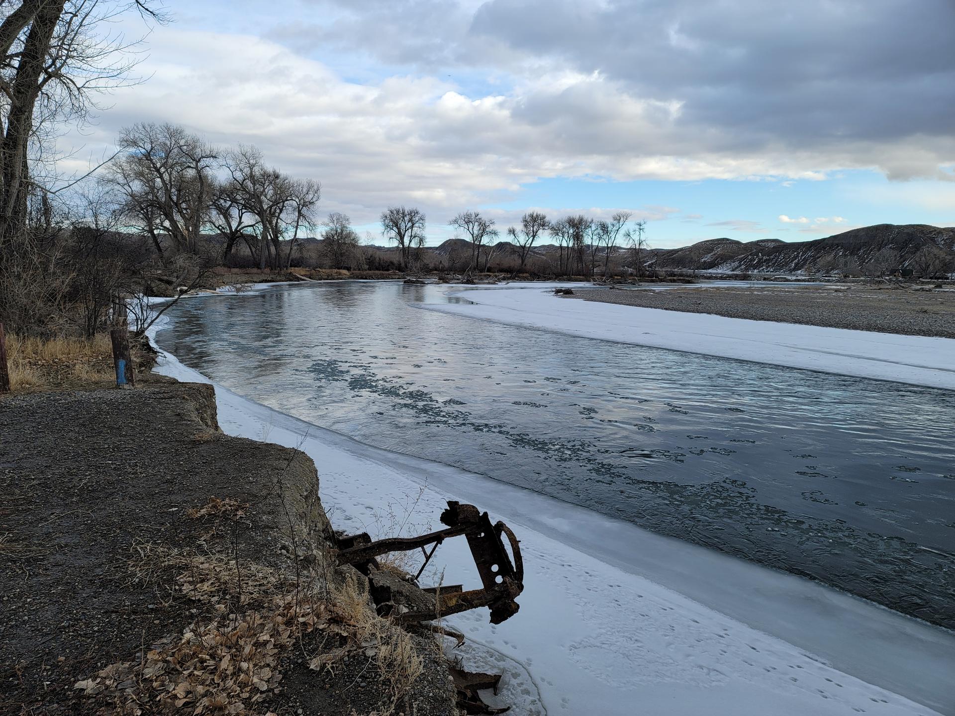 Icy river flowing past bare trees under a cloudy sky.