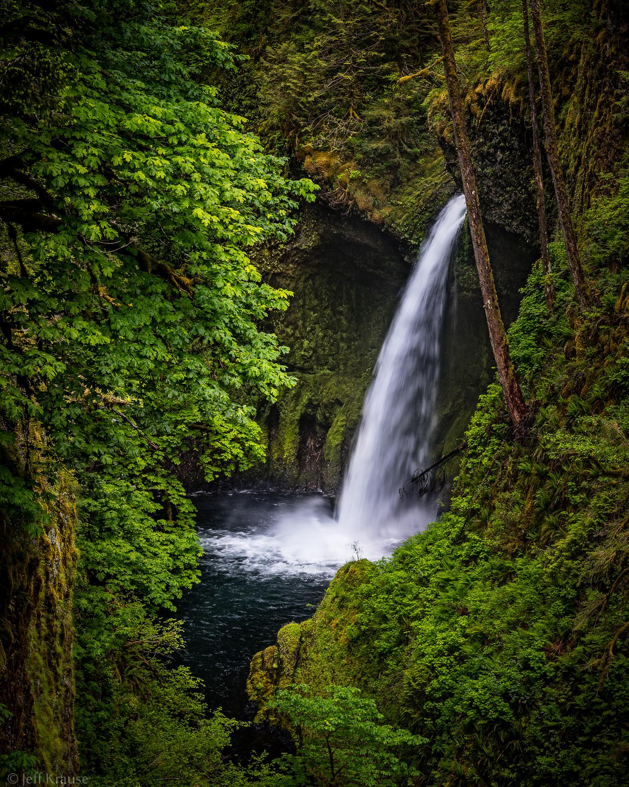 Powerful waterfall cascading into a dark pool, framed by dense green trees.