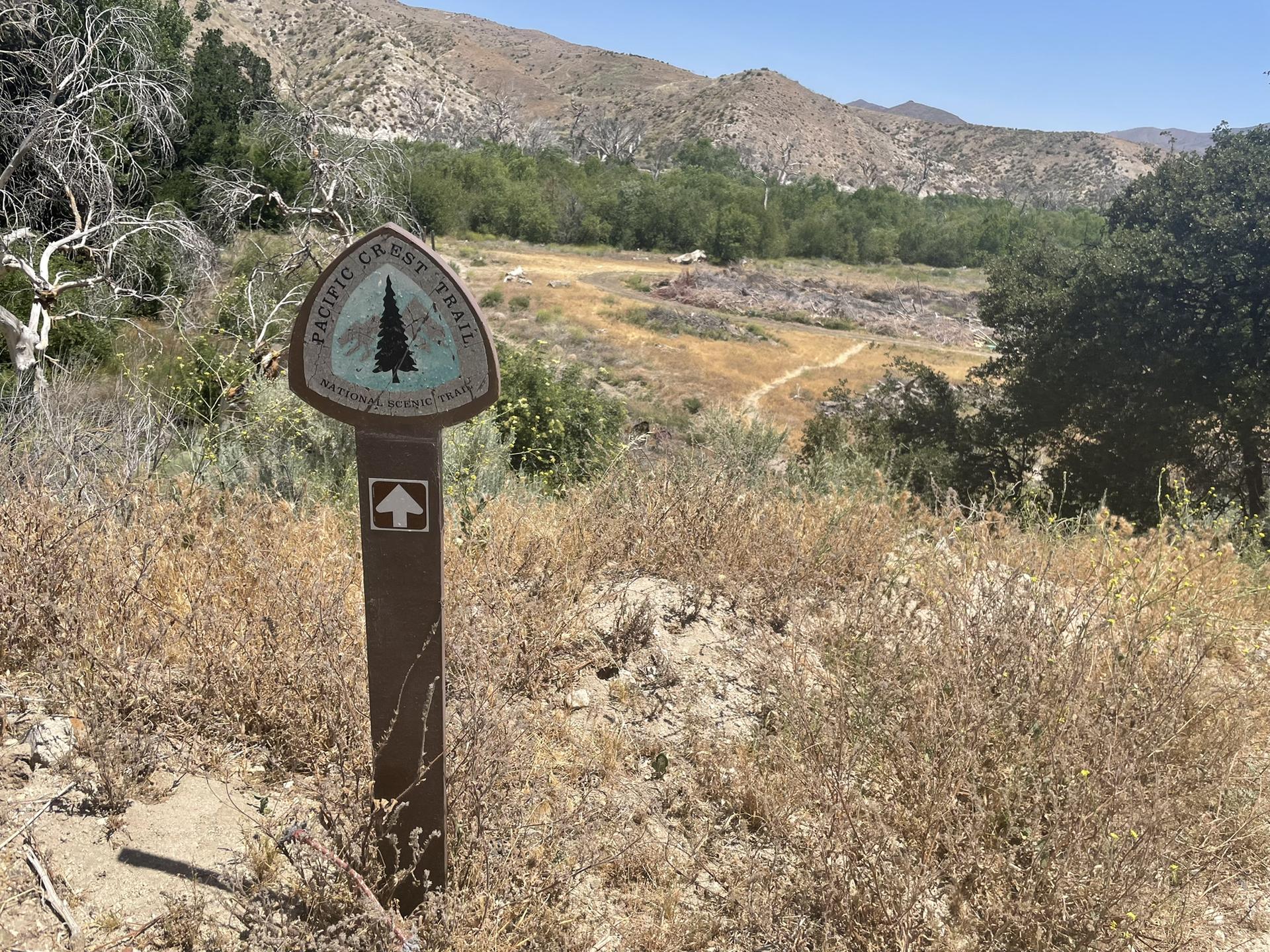 A trail marker in dry brush, with a green valley and mountains in background.