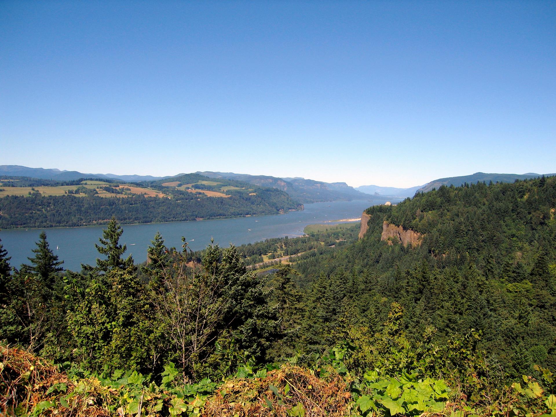 Wide river in a forested valley under a clear blue sky.