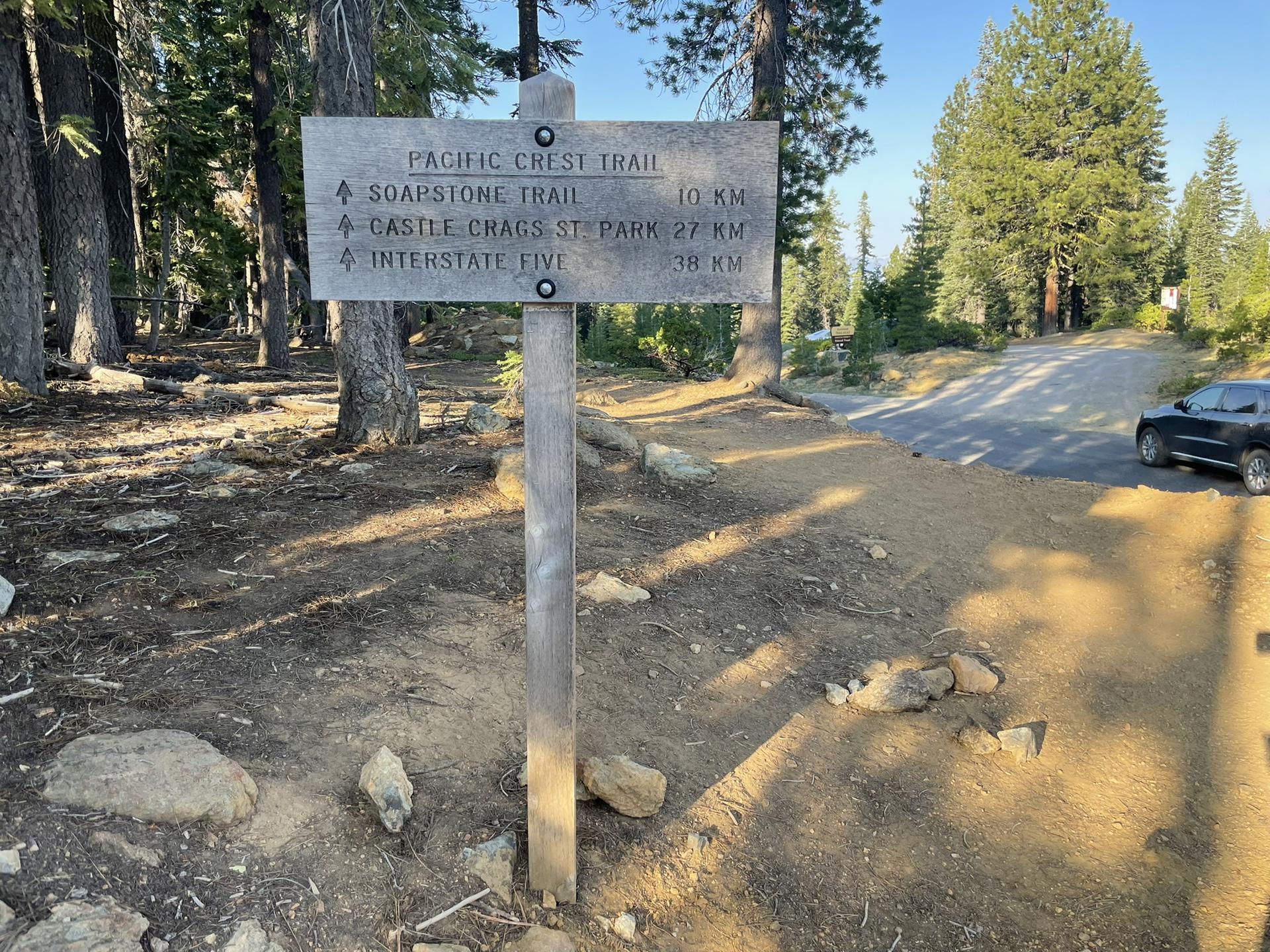 Wooden trail sign in a forest clearing with a dirt road nearby.