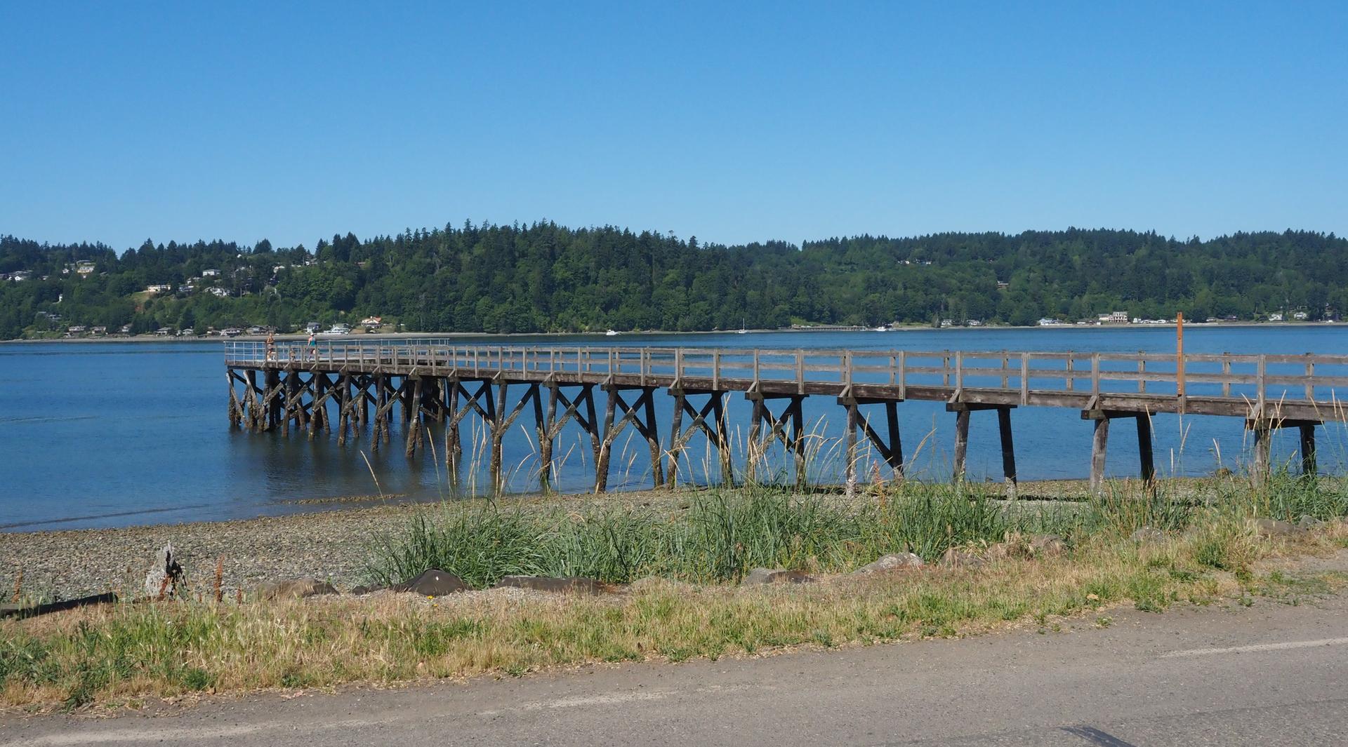 Long wooden pier over calm water, with a forested shoreline under blue sky.