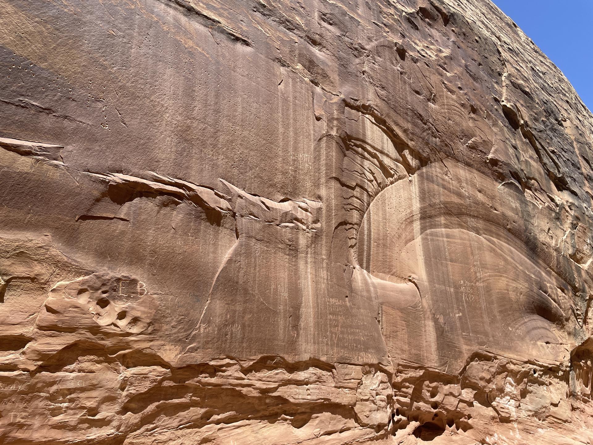 Close-up of a textured red rock wall with water streaks and small holes.