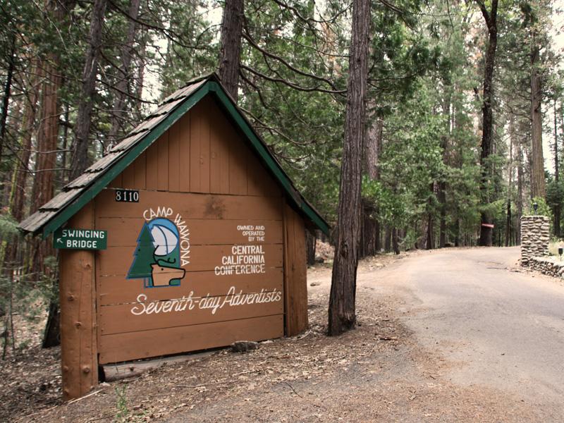 A rustic wooden camp sign next to a dirt road in a forest.