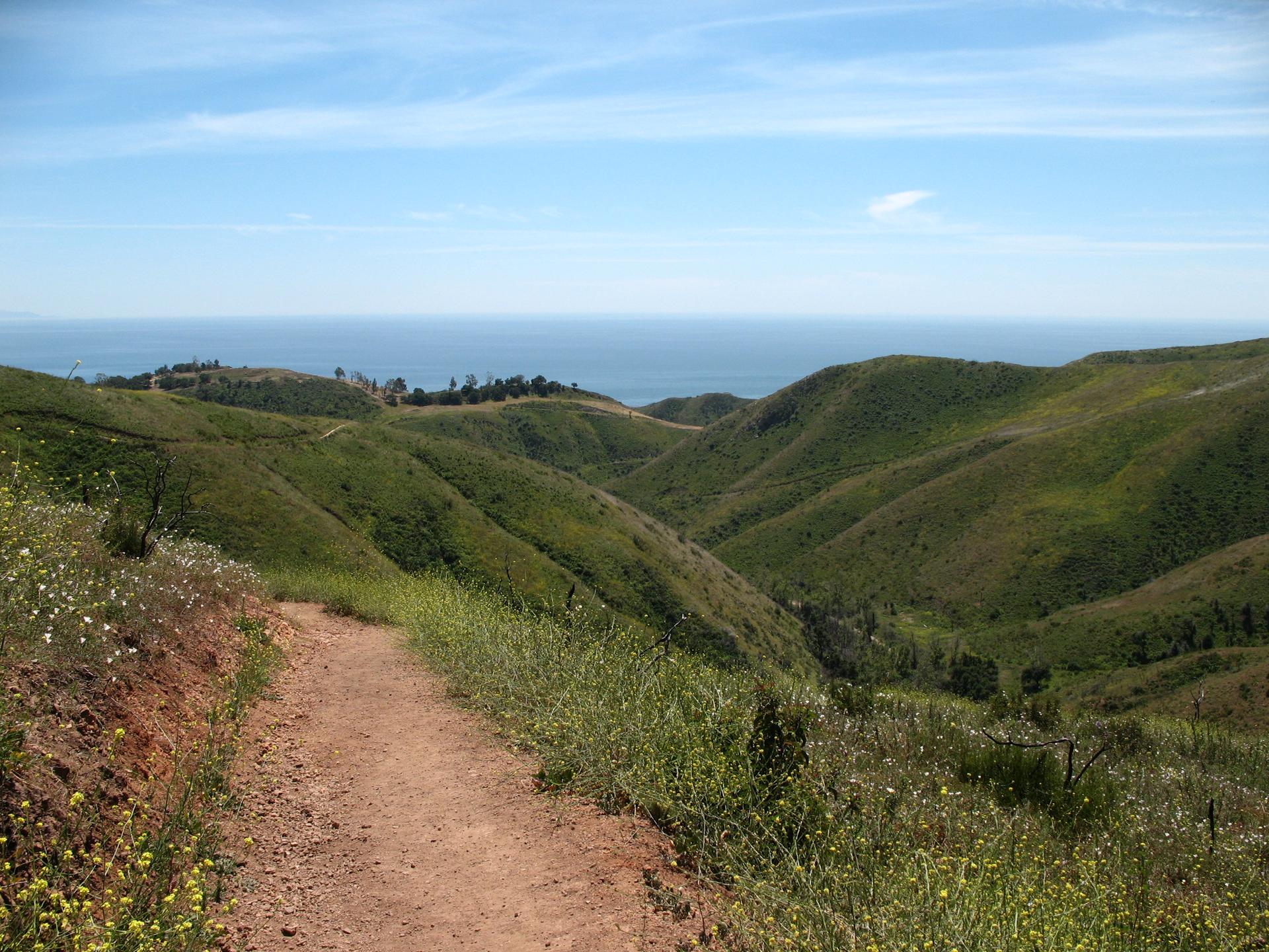 Dirt path overlooking green rolling hills and a distant ocean under blue sky.