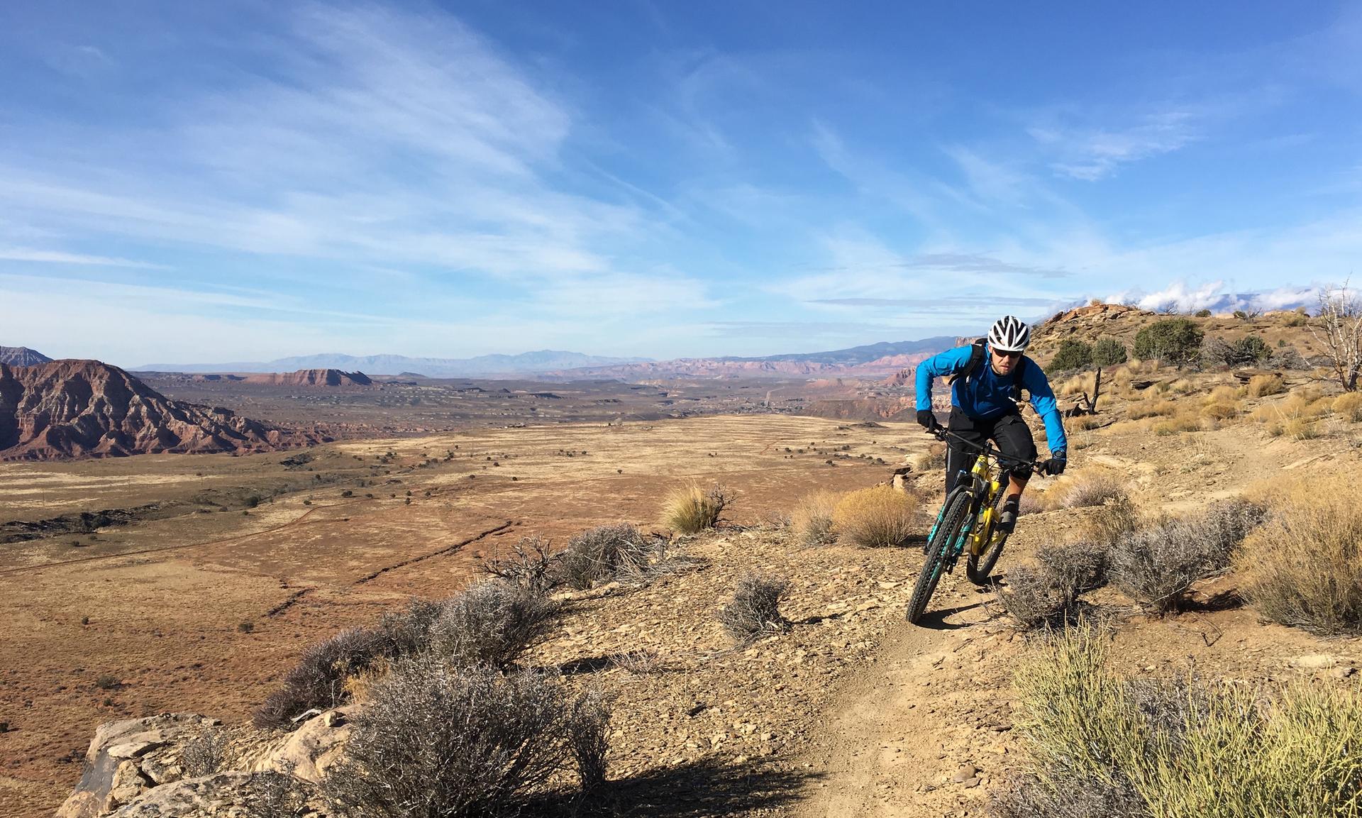 Man mountain biking on a dirt trail in a vast, sunny desert landscape.