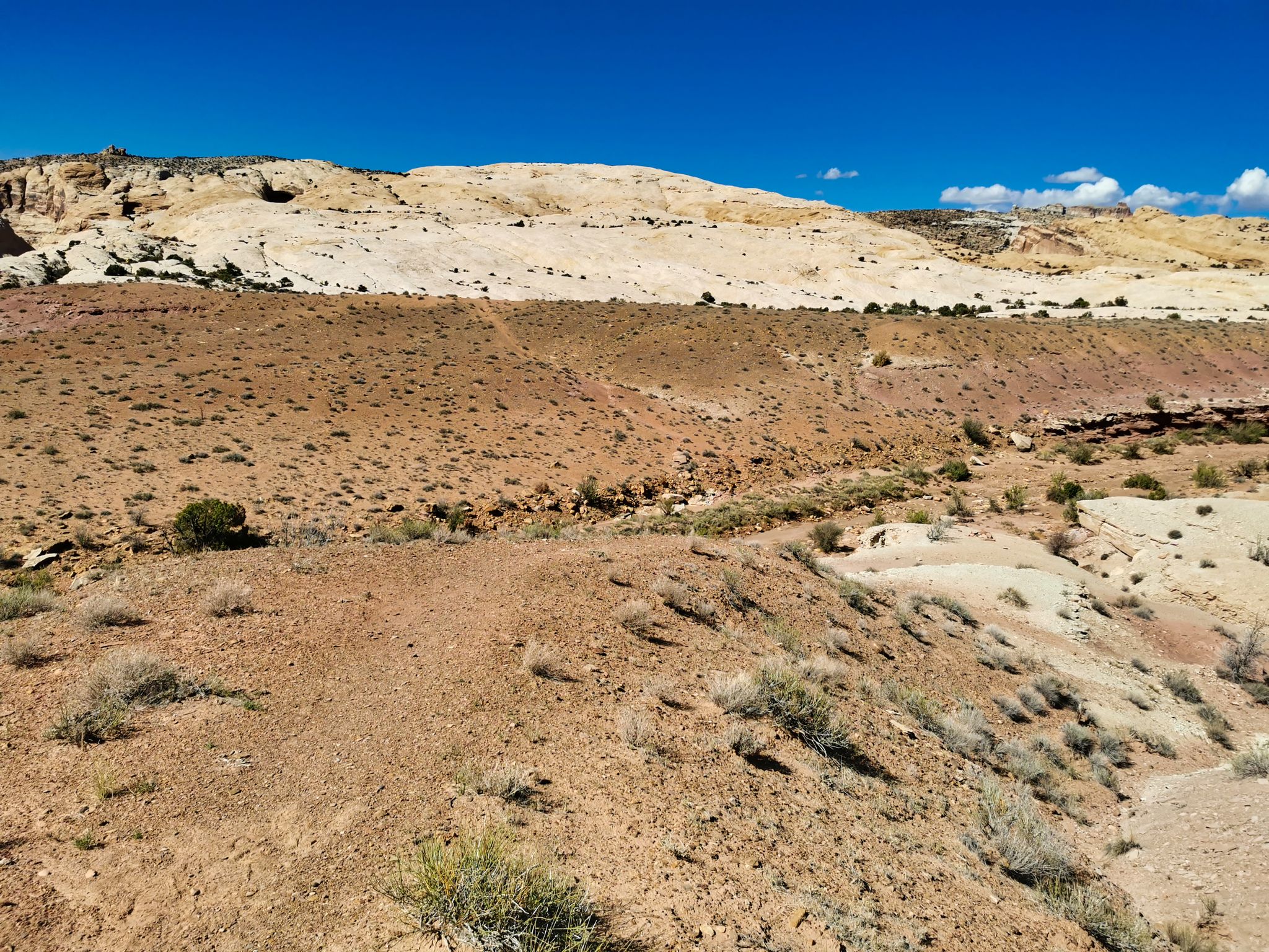 Expansive desert terrain with reddish-brown earth and light rock hills. - Wild Horse Window Trailhead loop from Goblin Valley State Park