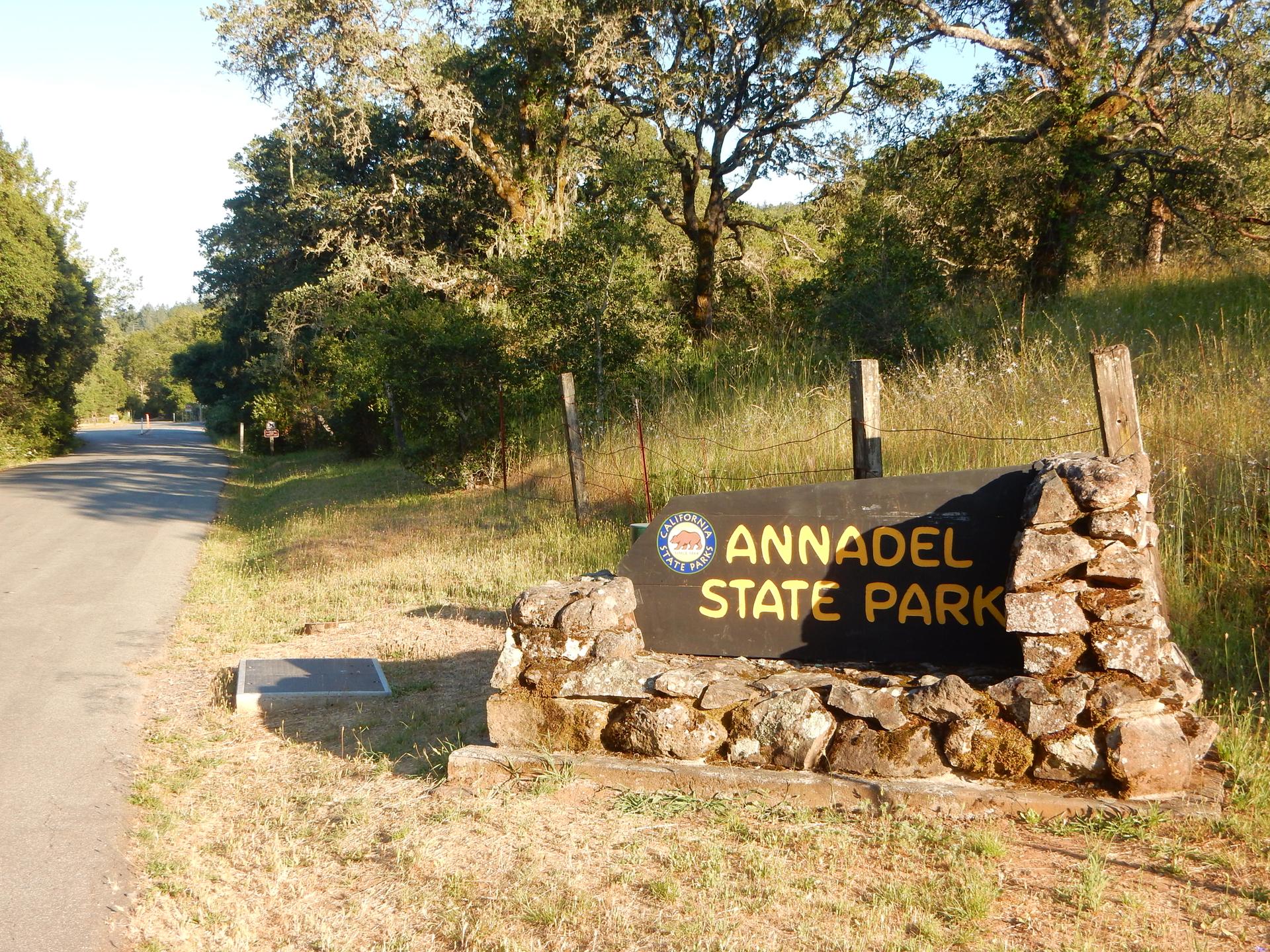 Stone sign next to a road, surrounded by grass and trees, in bright sunlight.