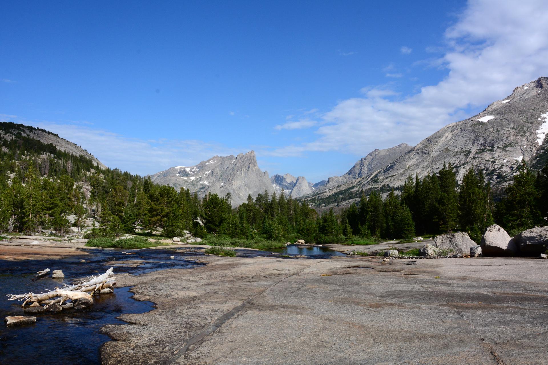 A clear stream flows through a rocky valley with distant mountains under blue sky.