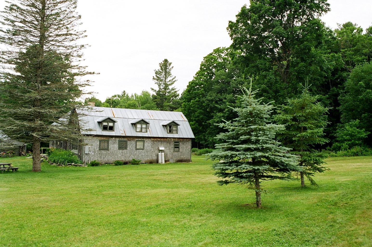 Old wooden house with a metal roof and dormers, surrounded by green trees.