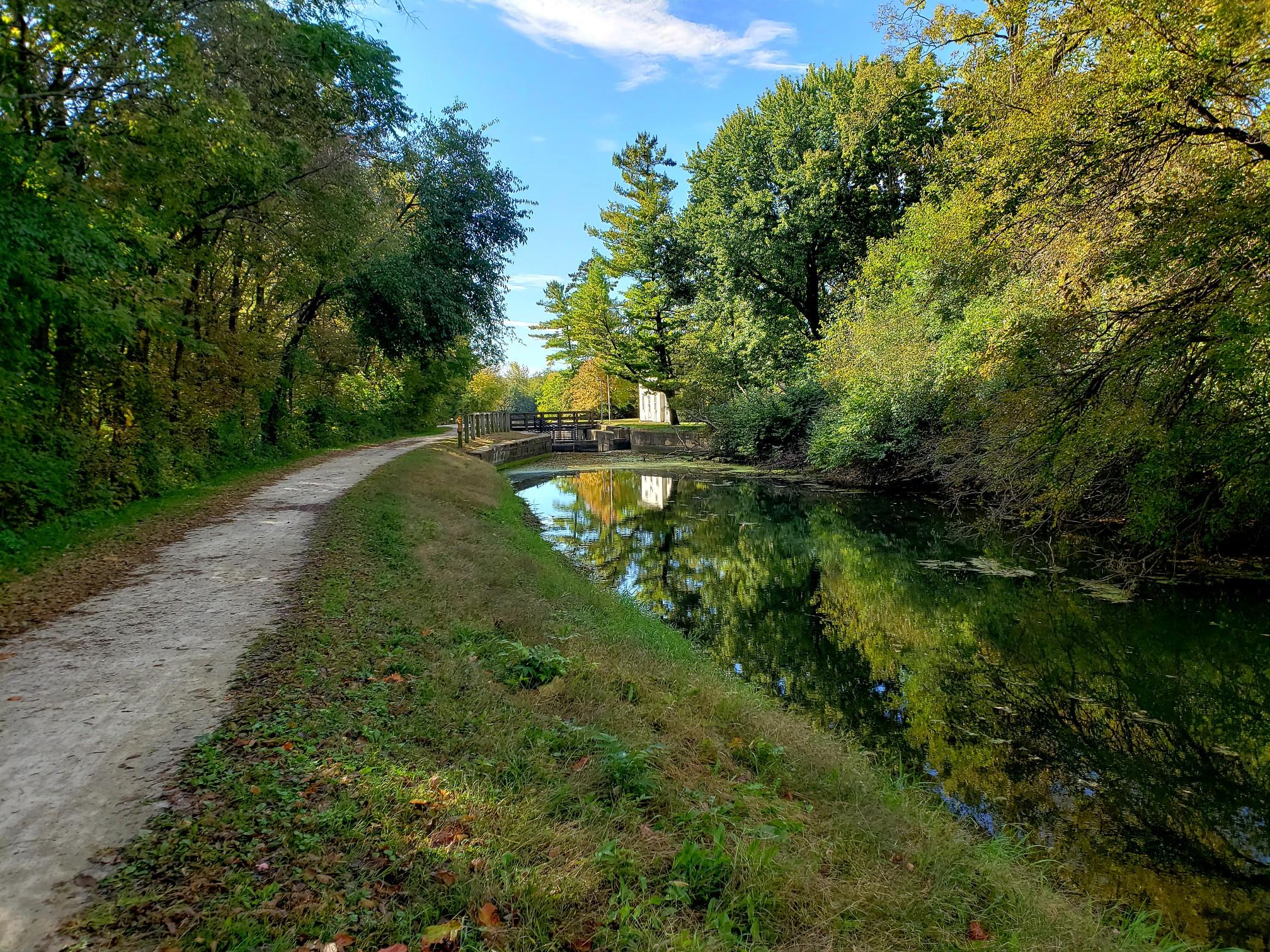 Dirt path next to a calm canal reflecting trees, under a bright sky.
