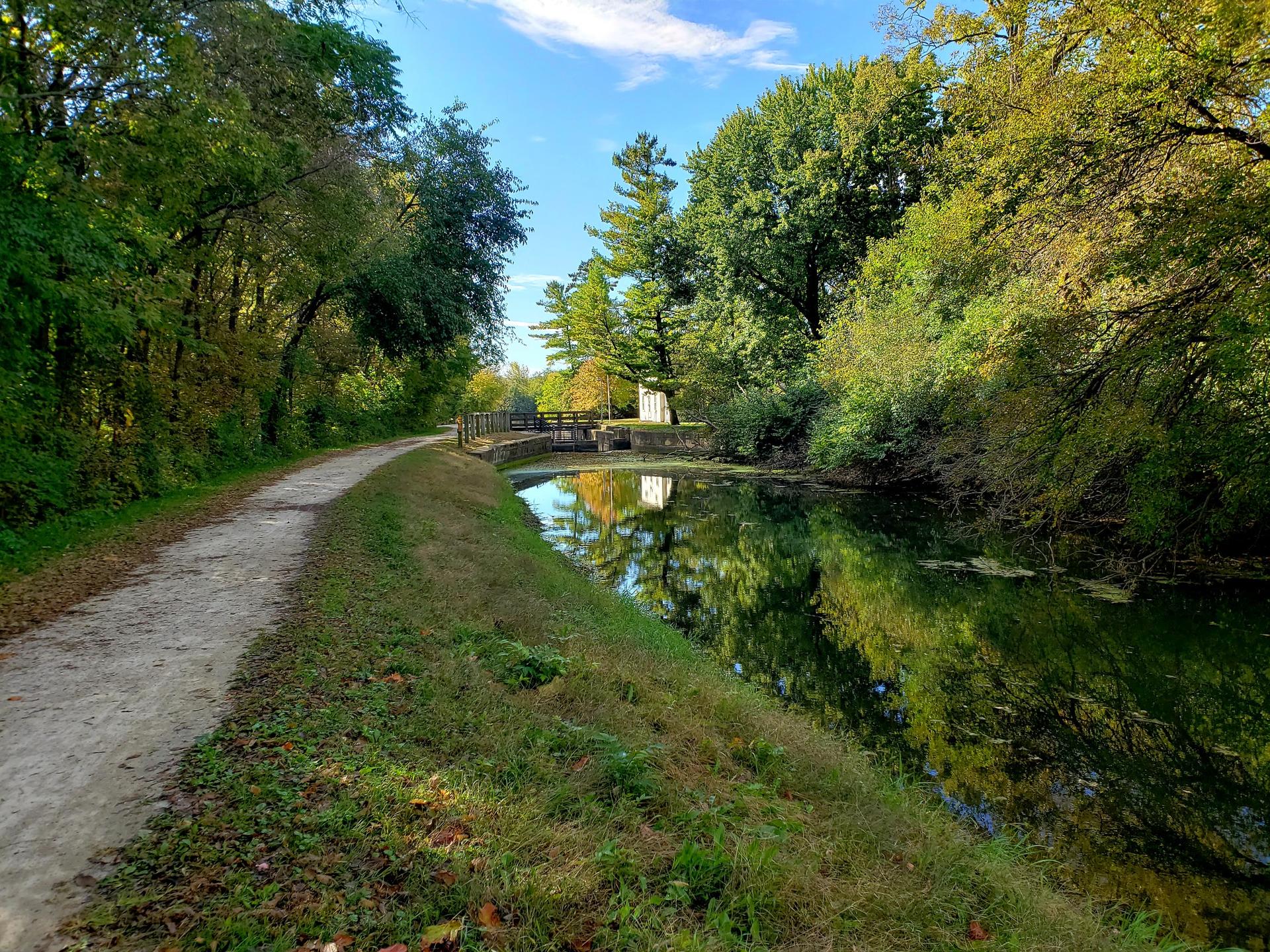 Dirt path next to a calm canal reflecting trees, under a bright sky.
