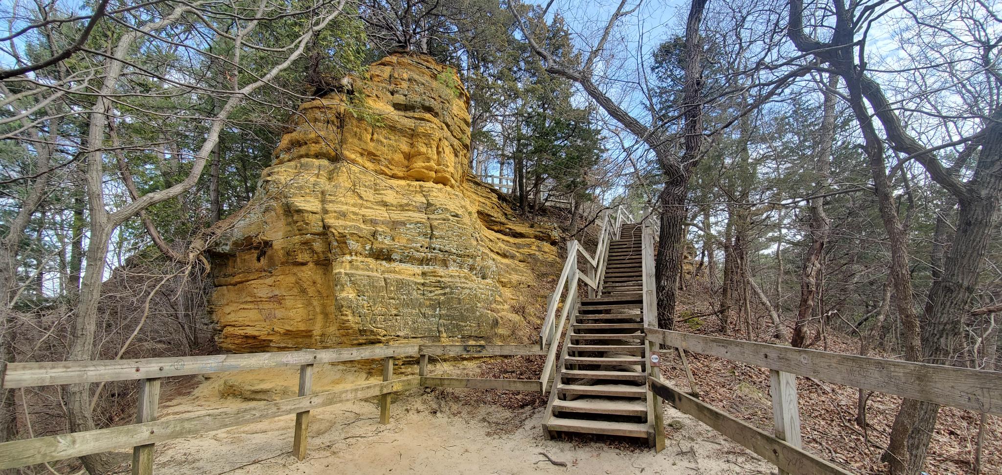 Wooden stairs ascend beside a large yellow rock formation in a forest.