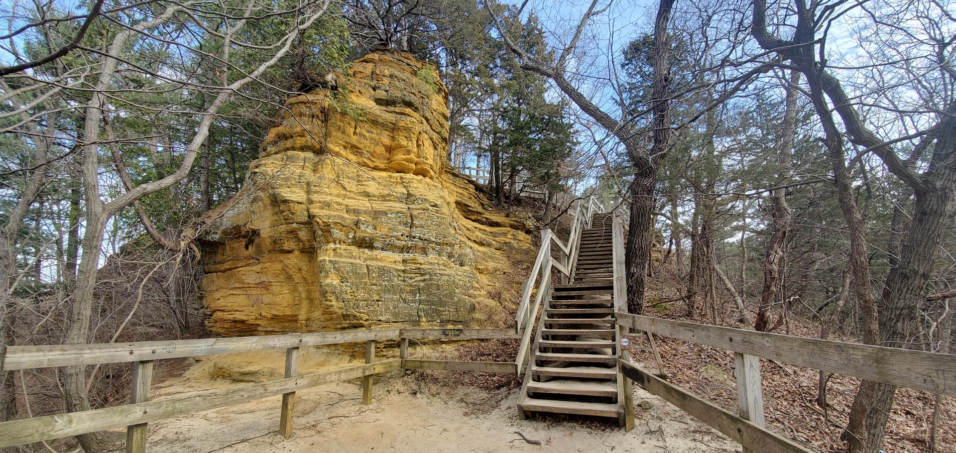 Wooden stairs ascend beside a large yellow rock formation in a forest.