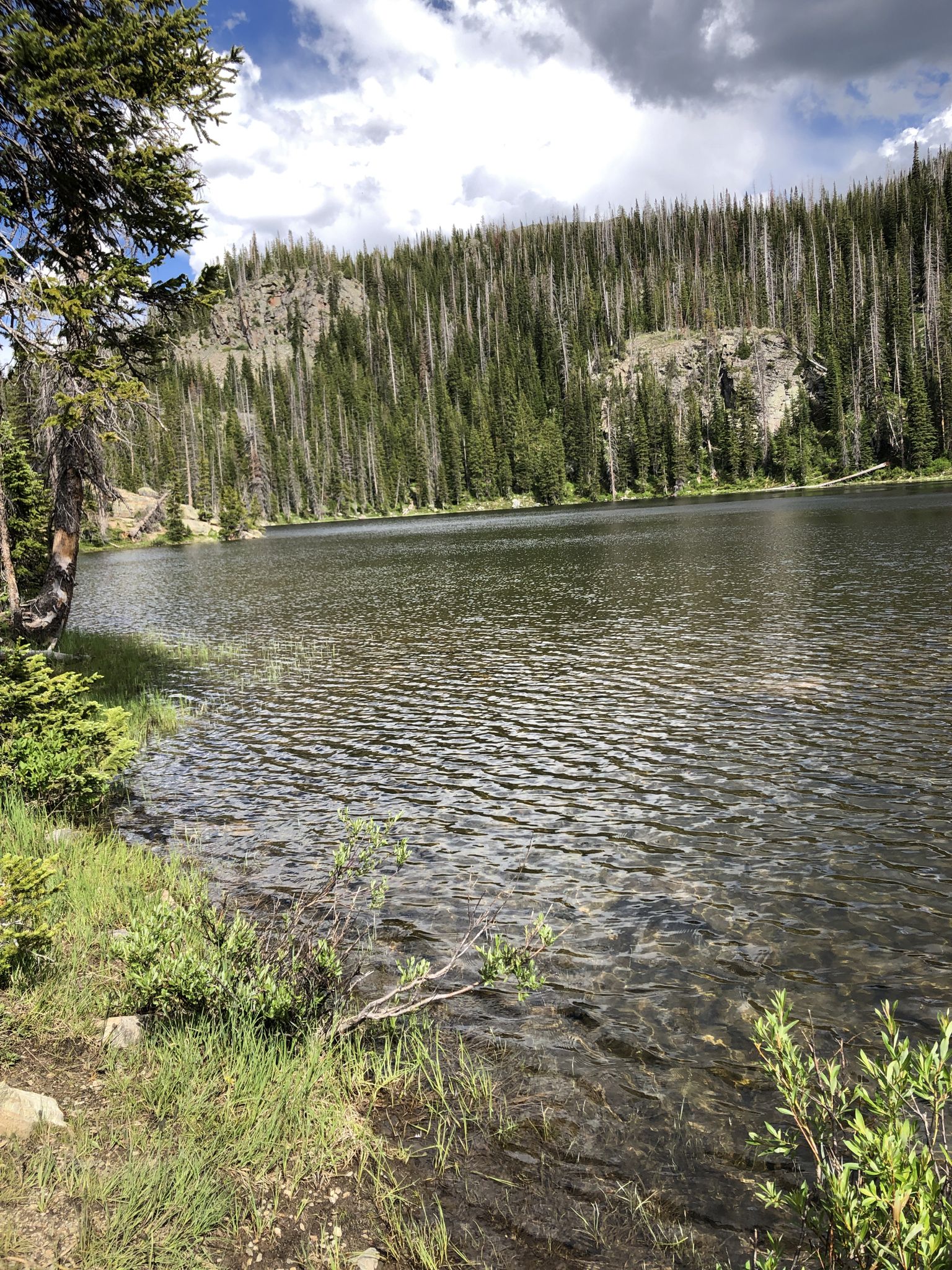 Clear lake with forested hills and a cloudy sky. - Gold Creek Lake Trail
