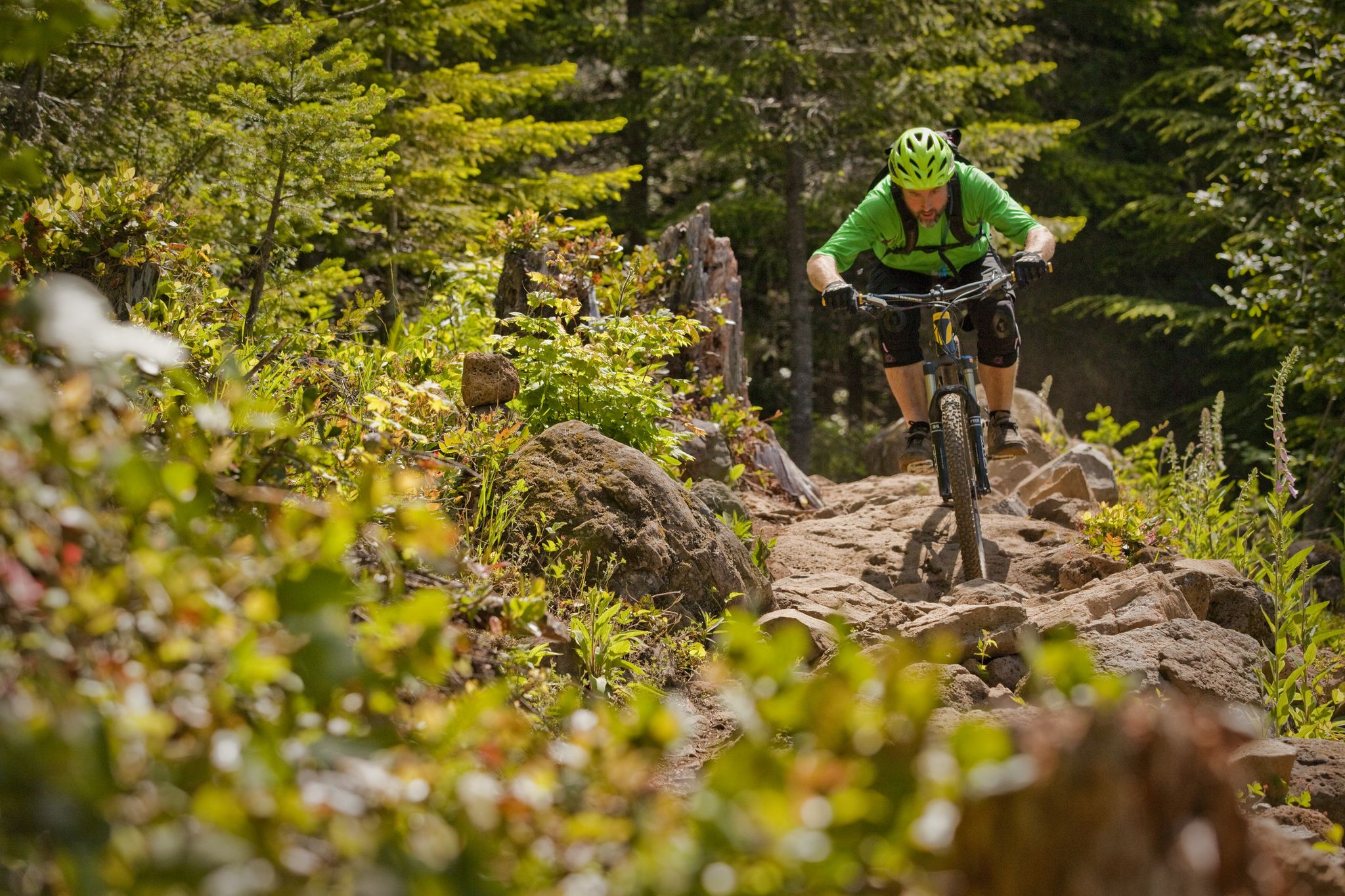 Biker in green rides a rocky forest trail on a bright, sunny day. - Sandy Ridge: Follow the Leader and Quid Pro Flow Loop