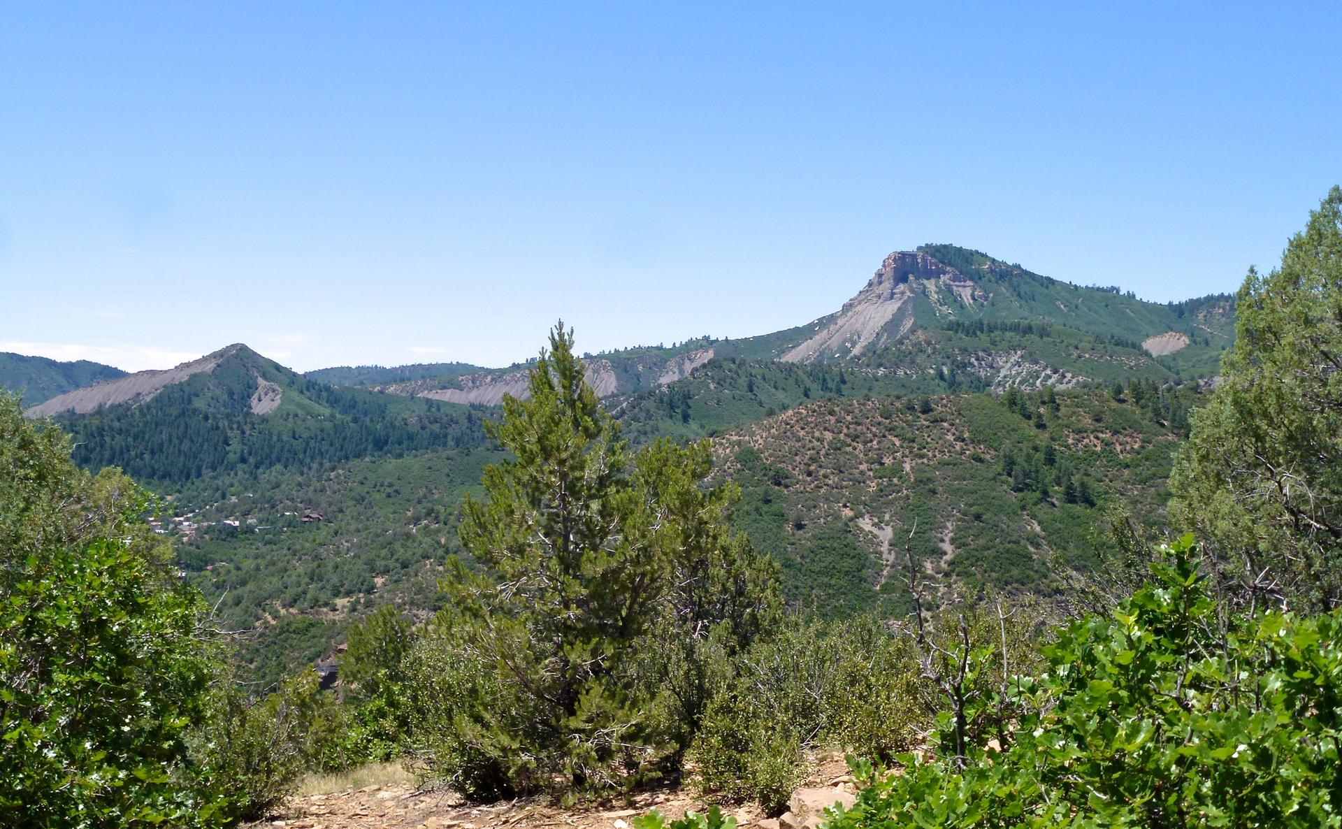 Vast mountain landscape with dense green forests under a clear blue sky.
