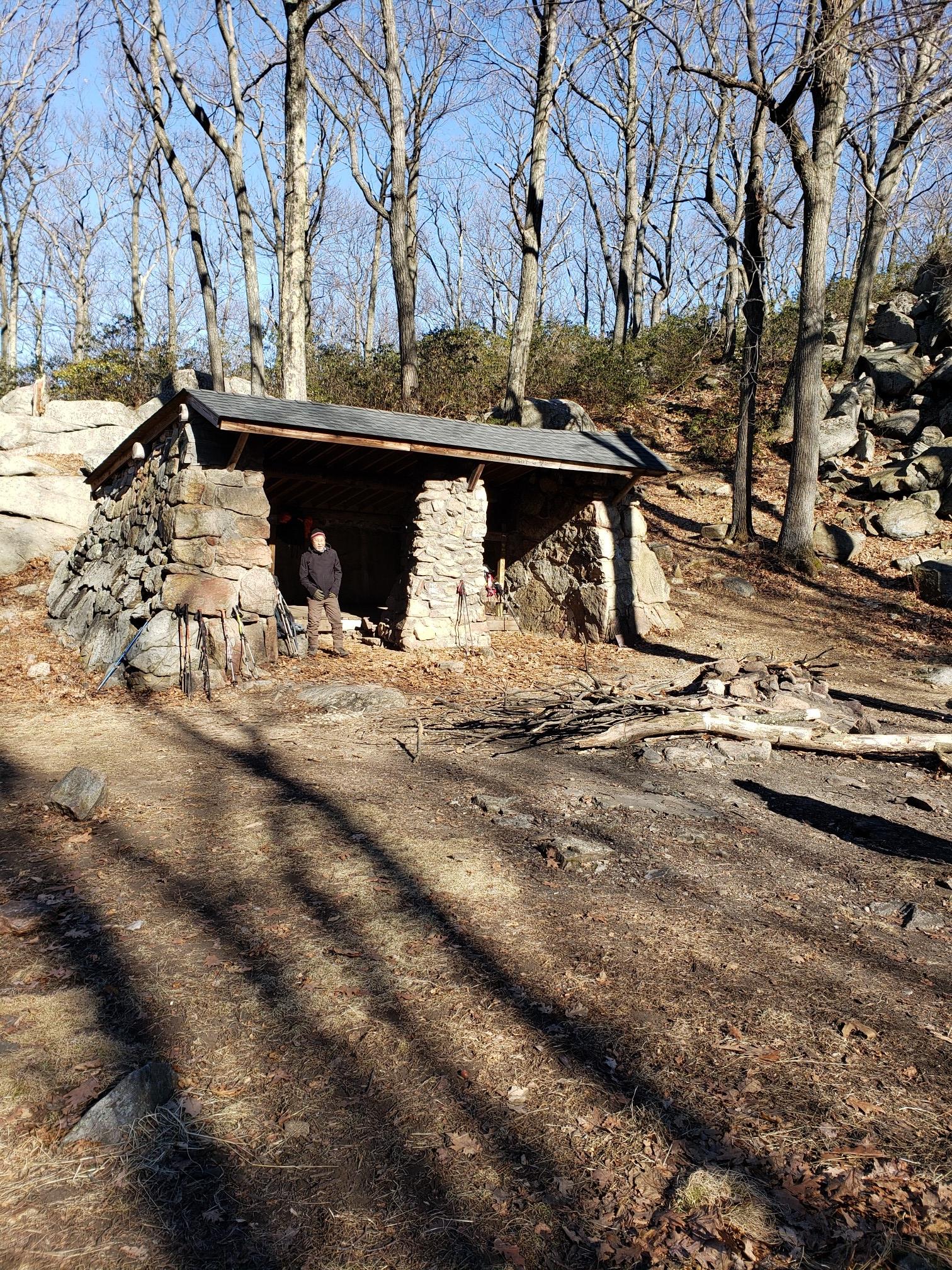 Person stands inside a rustic stone shelter in a bare winter forest.
