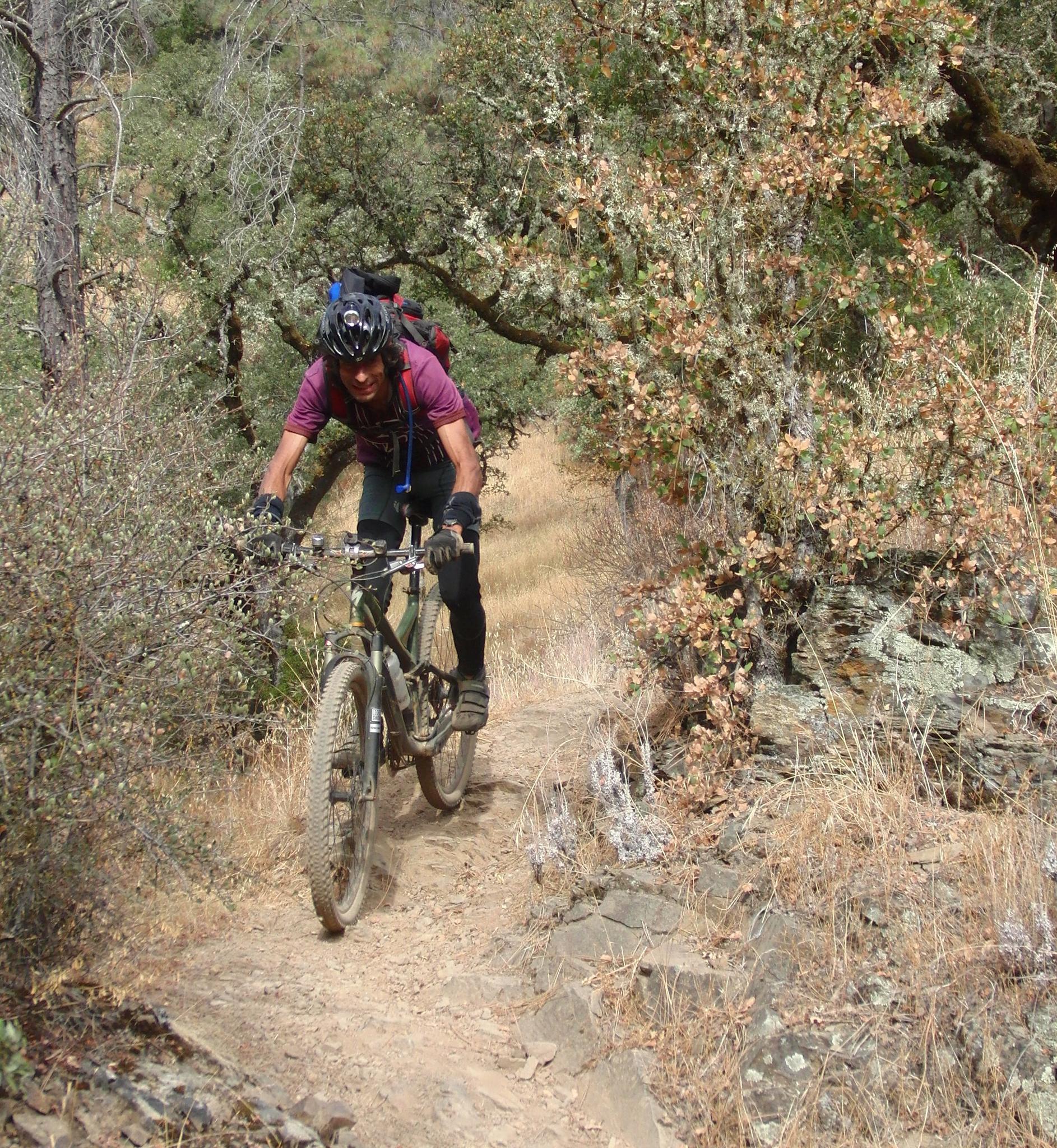 A man on a mountain bike rides a sunny, rocky dirt trail.