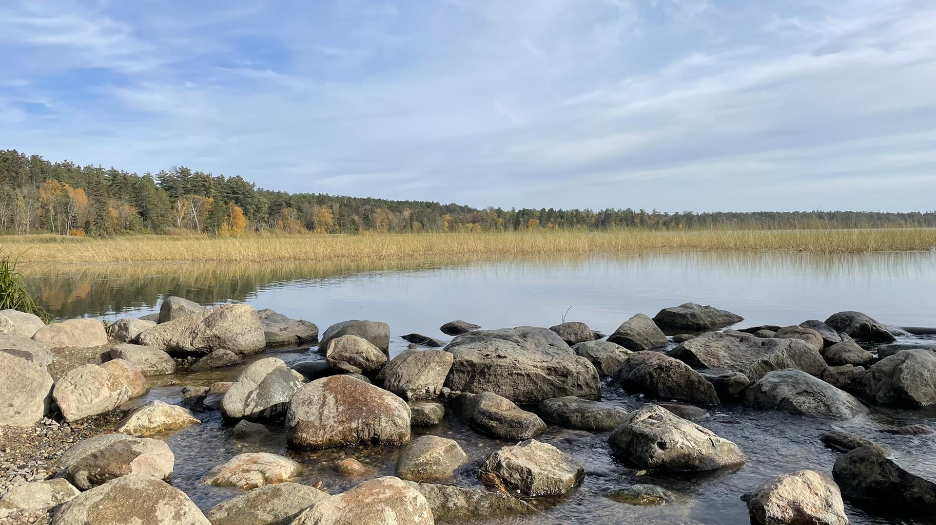 Rocky shoreline of a calm lake with distant forest under a bright, cloudy sky.