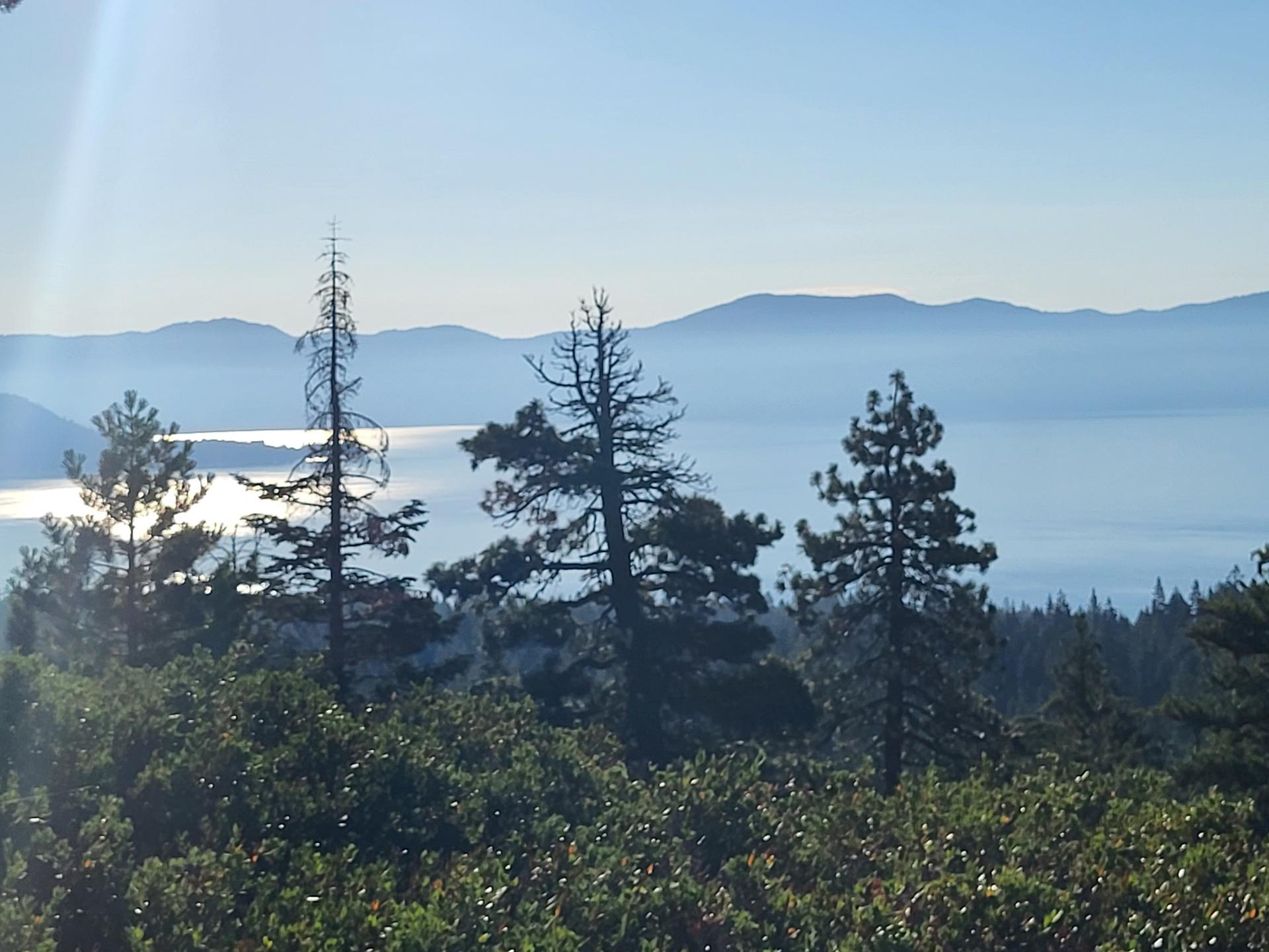 Hazy view of a large lake and mountains through silhouetted trees.