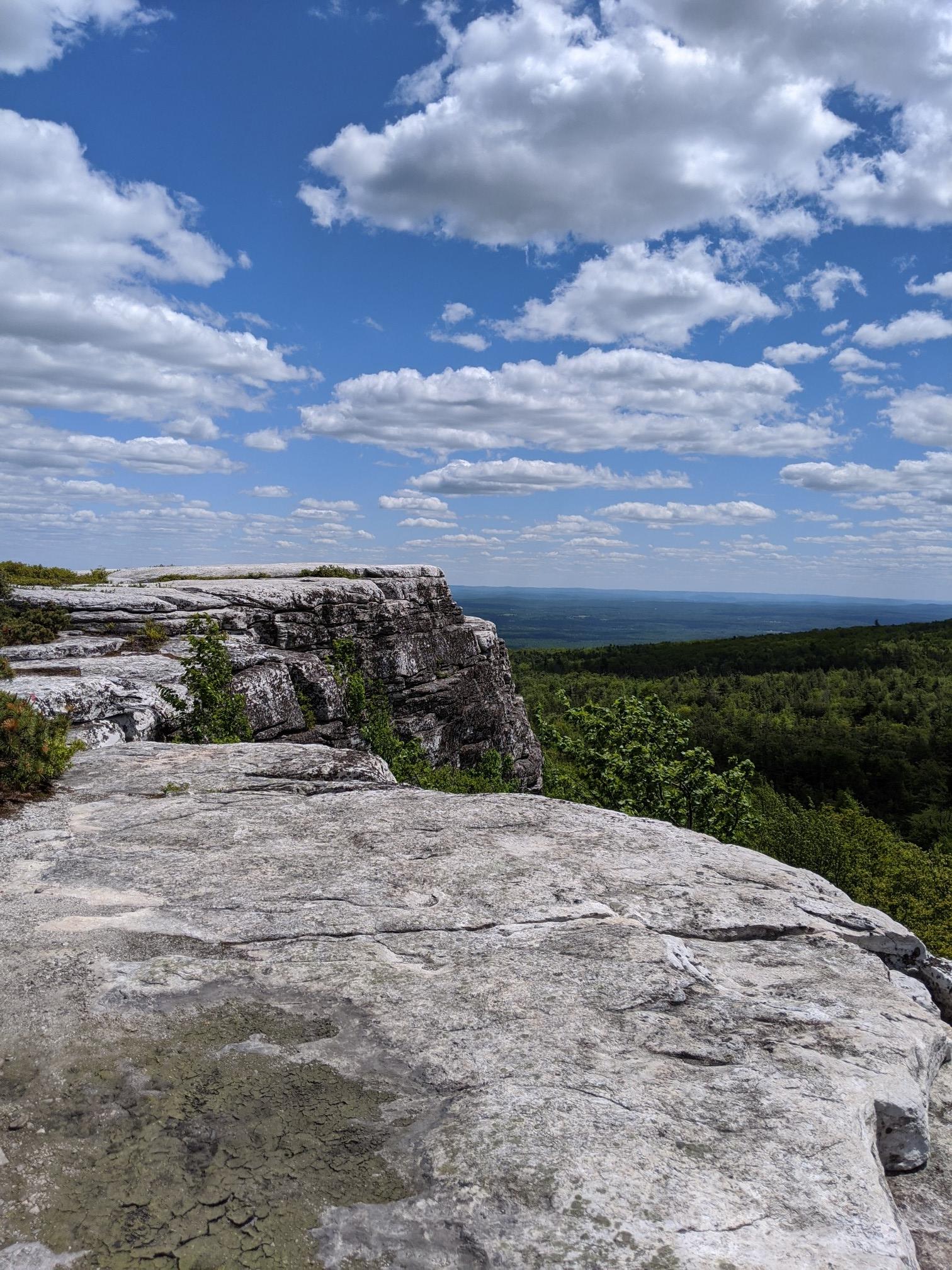 A rocky cliff edge offers a panoramic view of green forests and distant hills.