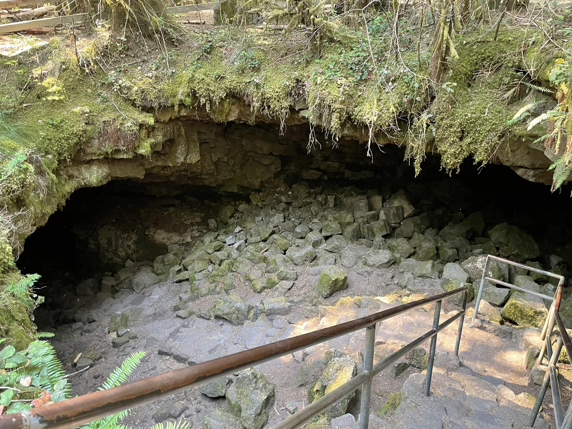 Dark cave entrance with a rocky floor and metal handrails leading down.
