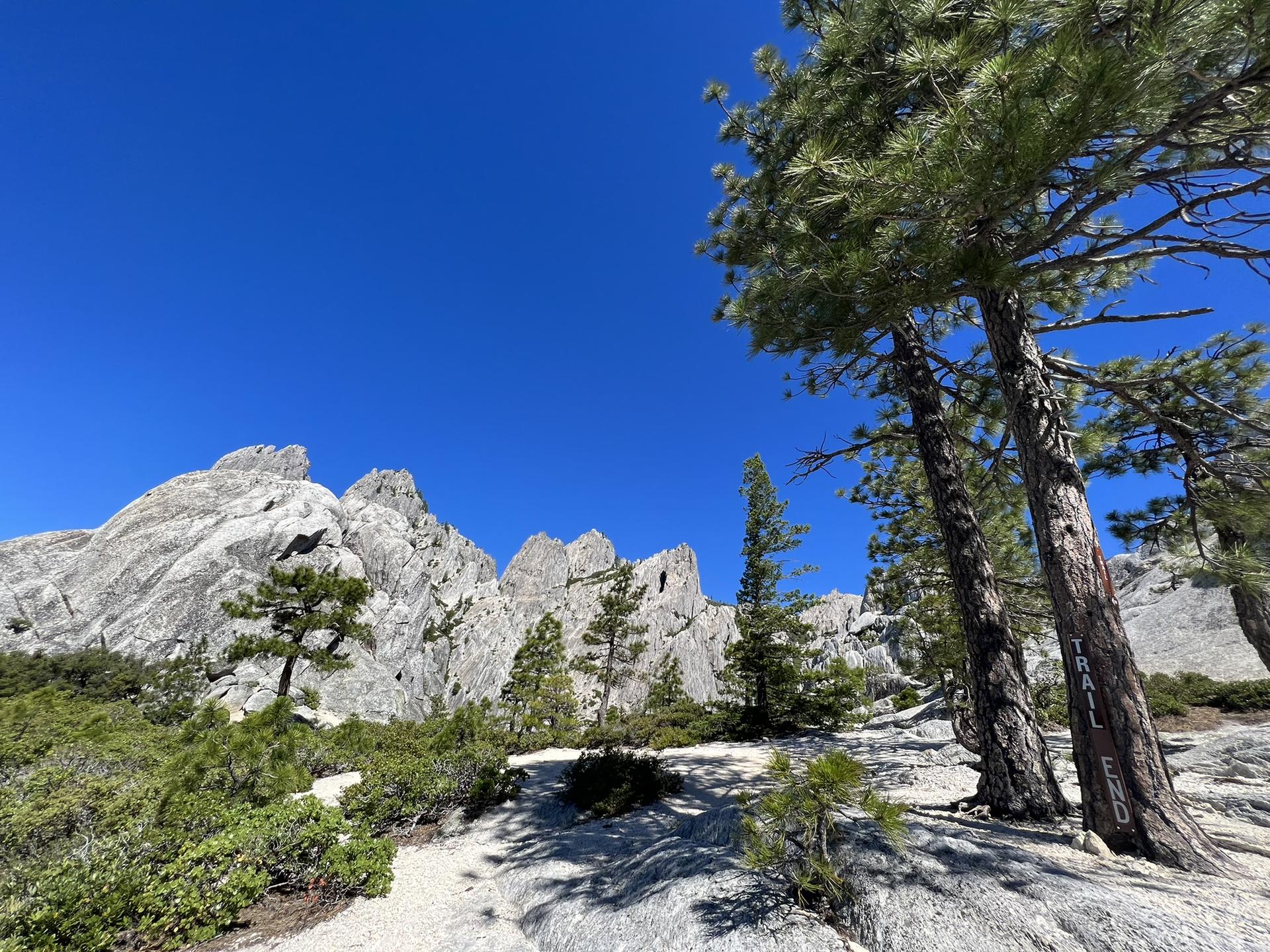 Bright sunny day with jagged rock formations and pine trees under a blue sky.