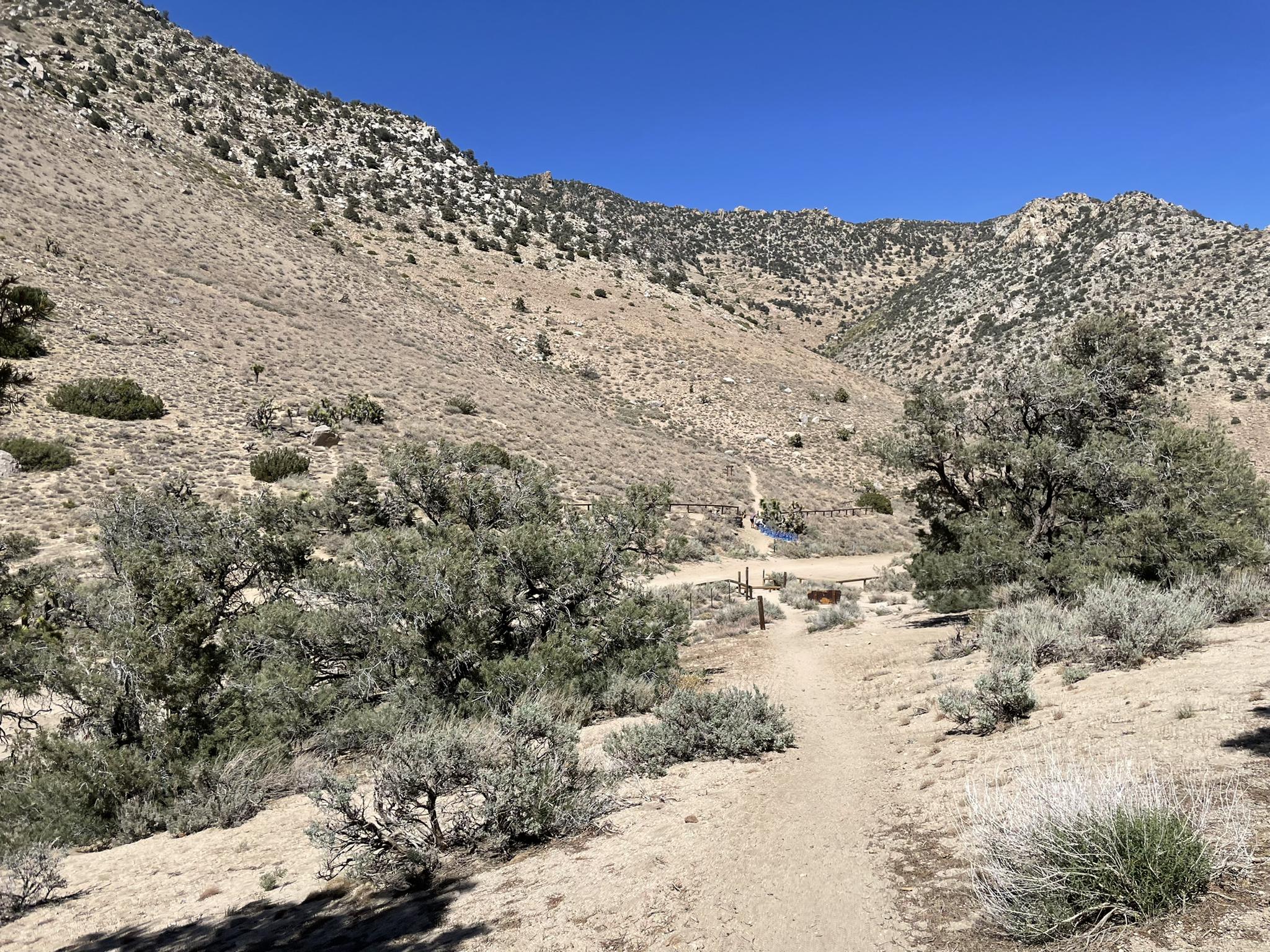A dirt path leads through a dry, brushy valley under a clear sky.