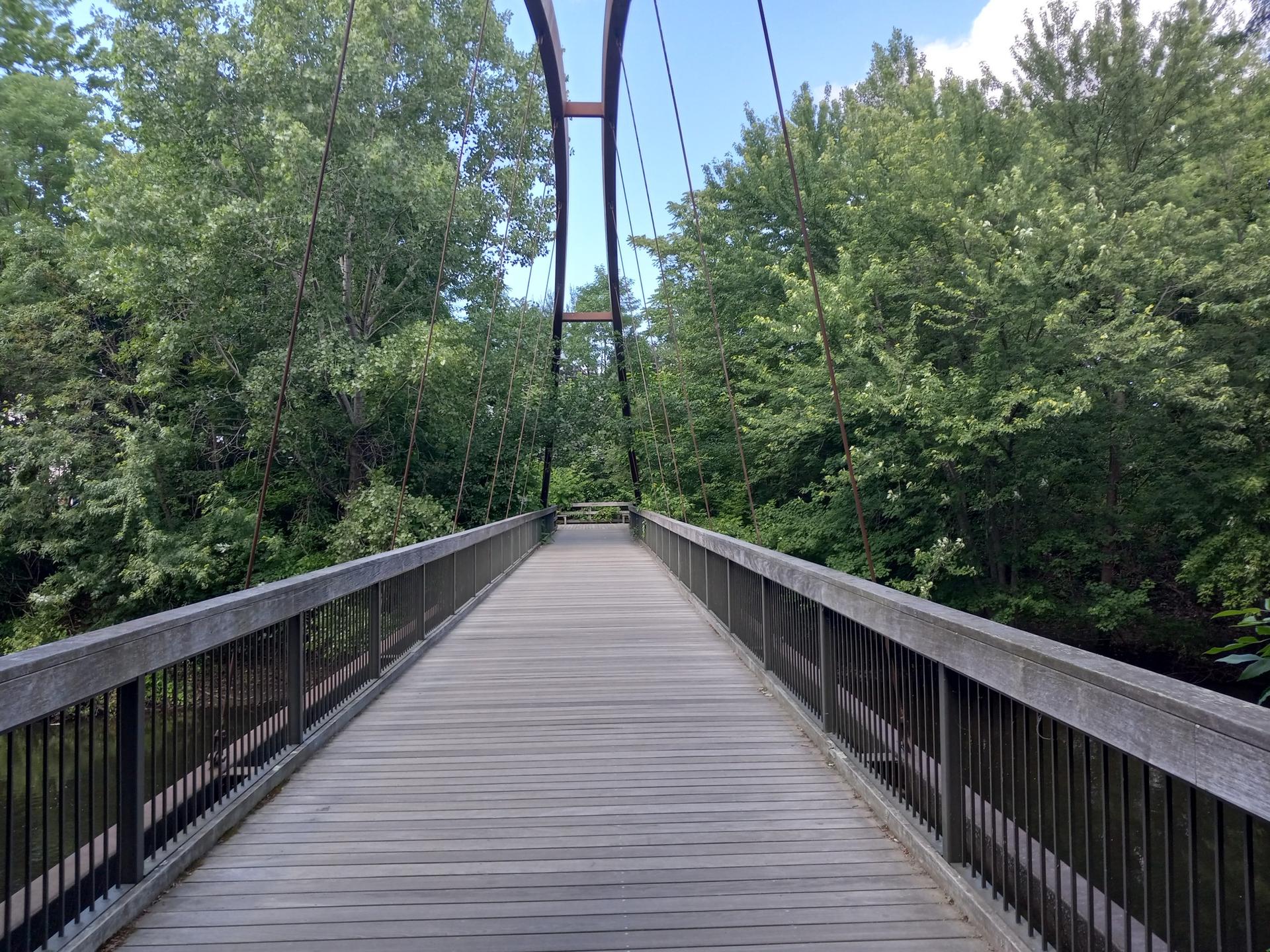 A wooden suspension bridge extends through lush green trees on a bright day.