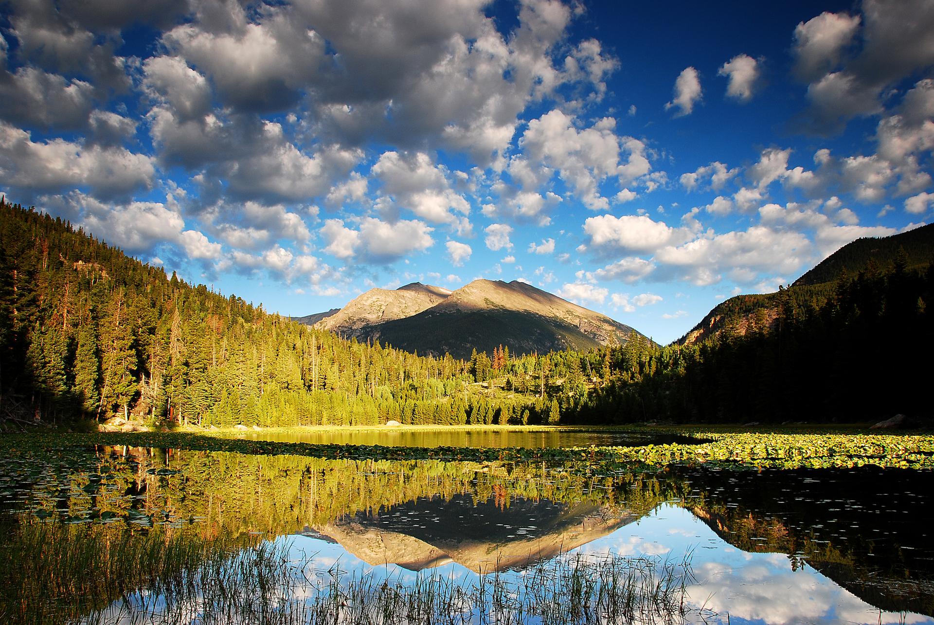 Serene mountain lake reflecting forested peaks and dramatic clouds on a sunny day.