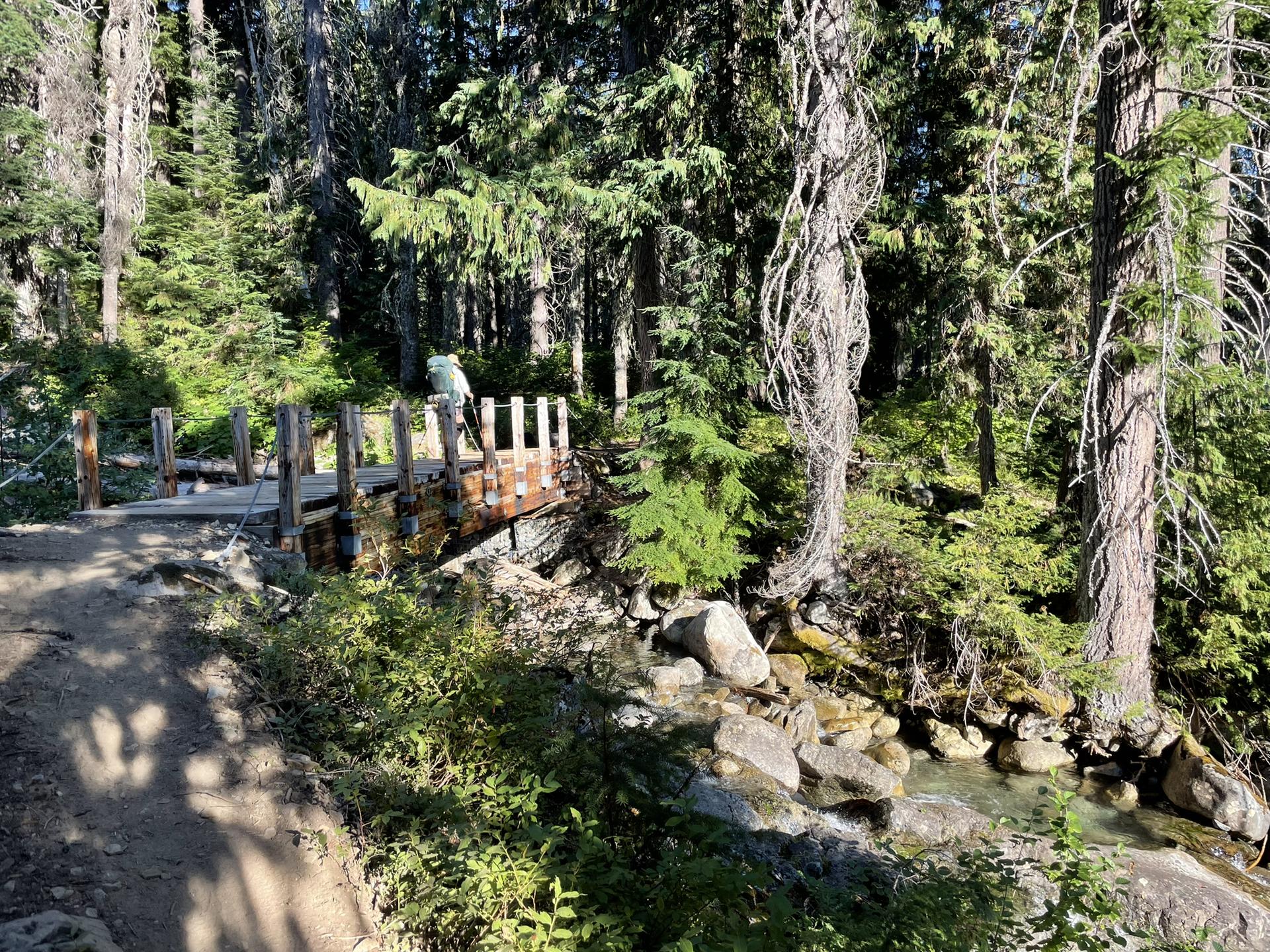 Person with backpack crossing a wooden bridge over a stream in a sunny forest.