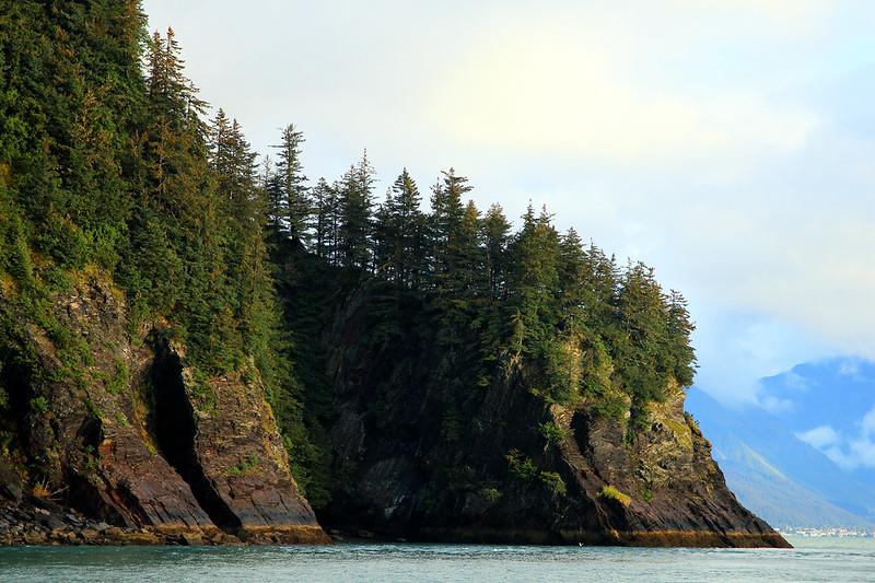 Steep, forested cliffs rise from calm water under a cloudy sky.