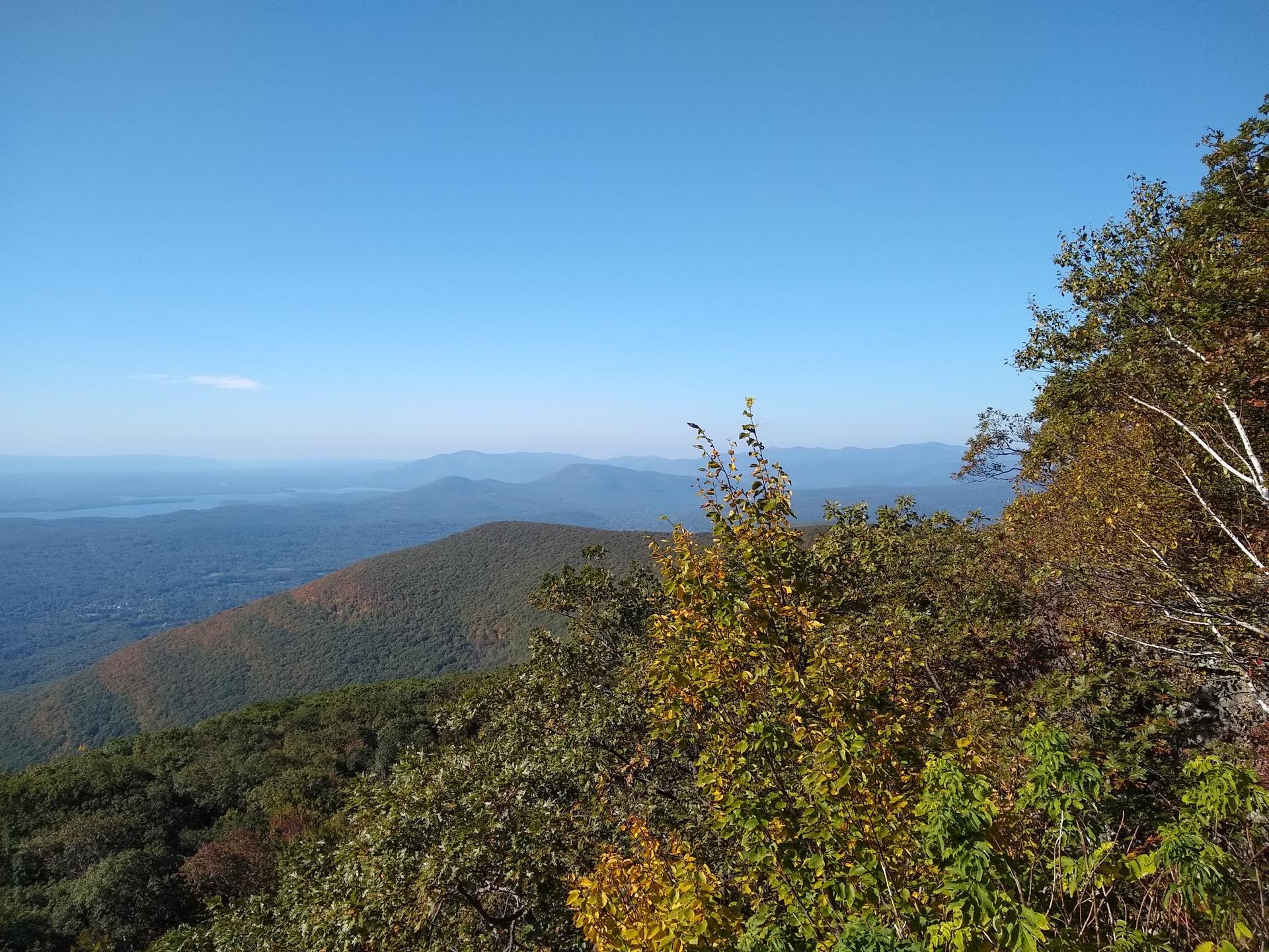 Autumn-colored trees frame a clear view of distant blue mountains and sky.