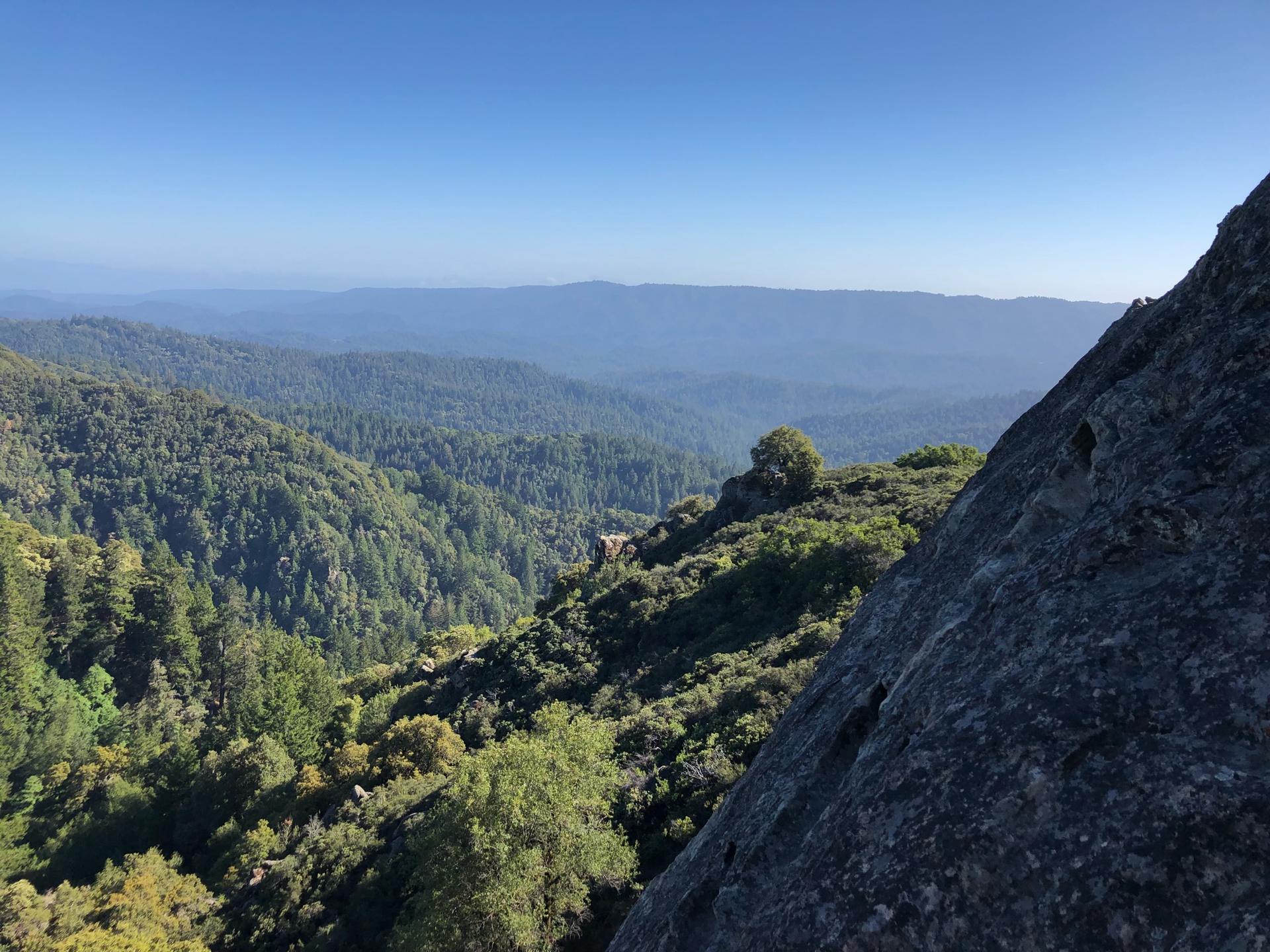 Expansive view of a green forested mountain range under a clear blue sky.