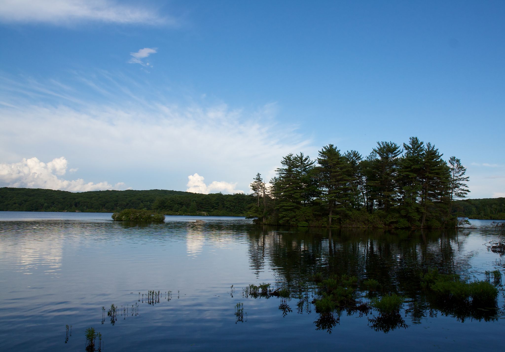 Sunny day over a wide lake with a small island of pine trees. - Seven Lakes Drive Loop